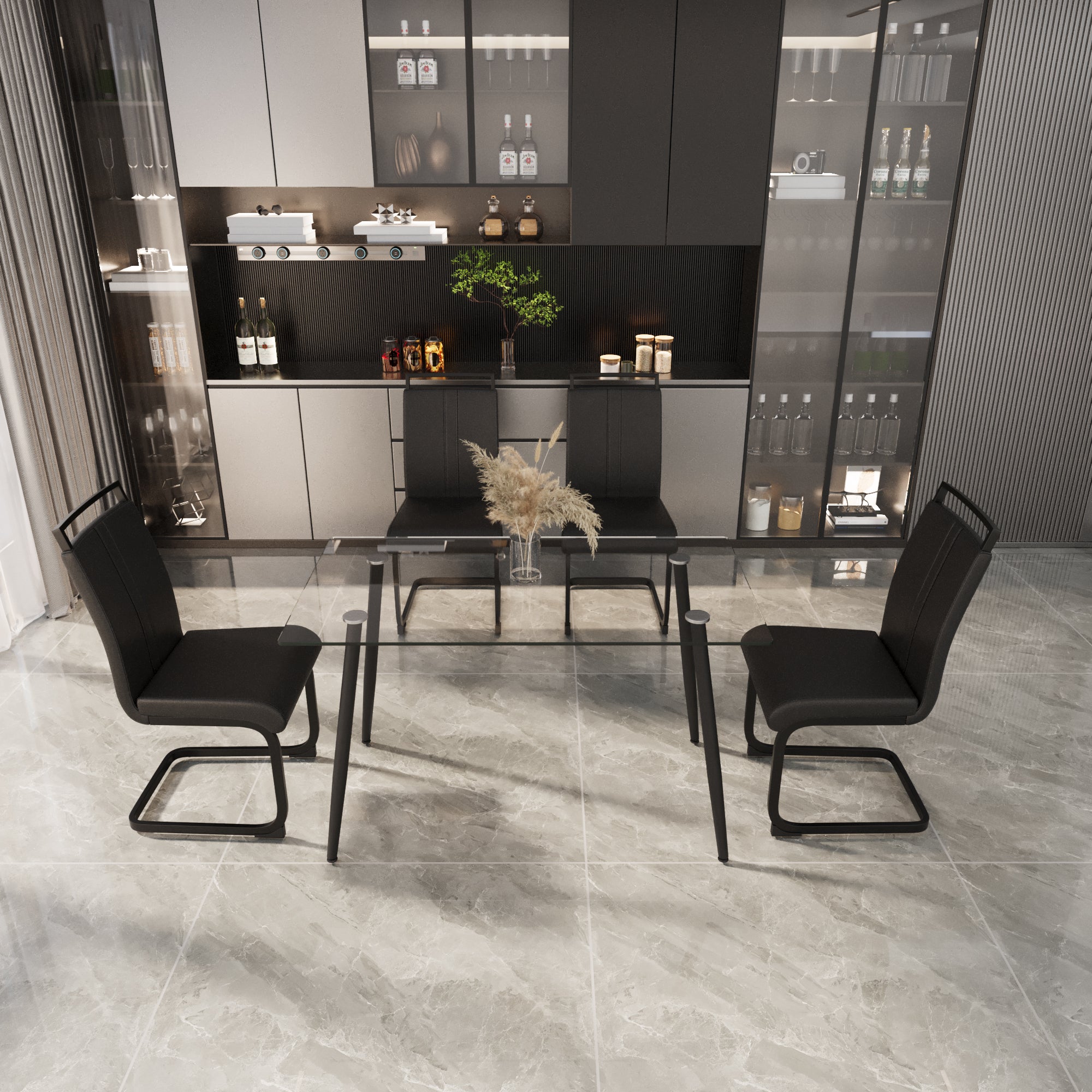 51 inch Glass Dining Table Set for 4, Dining Table & Chair Sets with Black Metal Legs for Kitchen, Modern Rectangle Tempered Glass Table Top and  PU Dining  armless Chair for Dining Room