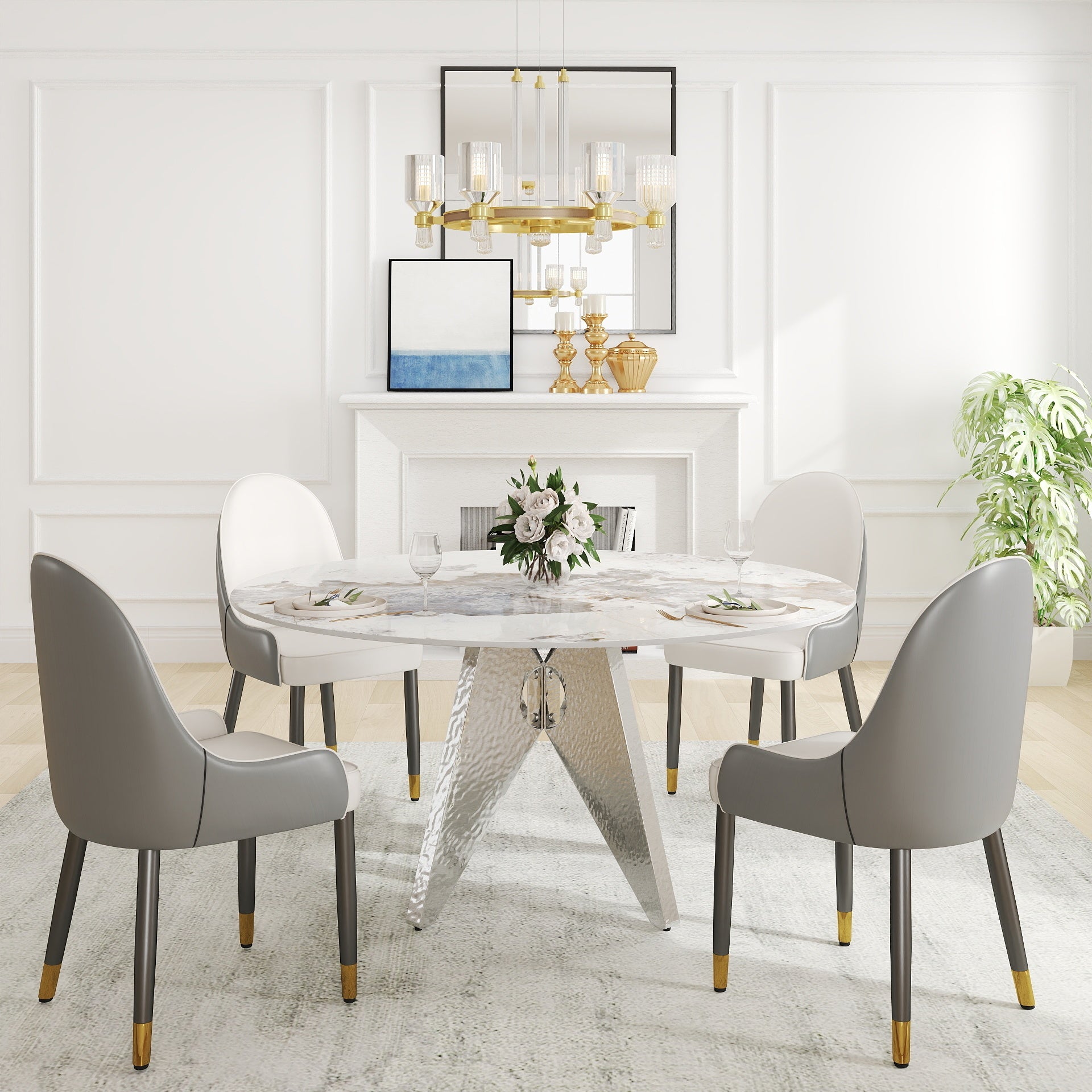 59.05' Round Marble Dining Table with Silver Stainless Steel Design Base, Artificial Marble for 6-8 People, Dining Room/Living Room Kitchen Dining Table,White (Dining Table Only)
