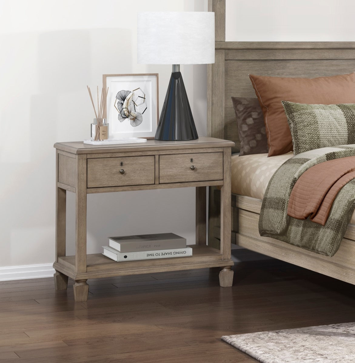 Gray Oak Finish Classic Transitional Bedroom Furniture 1pc Nightstand of 2 Drawers Open Bottom Shelf Wooden Furniture Bedside Table