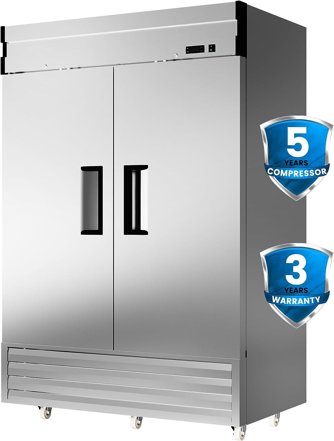 2 Door 49 Cu.Ft Commercial Refrigerator Dynamic Cooling OmniSmart Temperature Control 33℉~41℉ Stainless Steel Reach In 6 Shelves 54' W Commercial Refrigerator LED Light Digital Thermostat