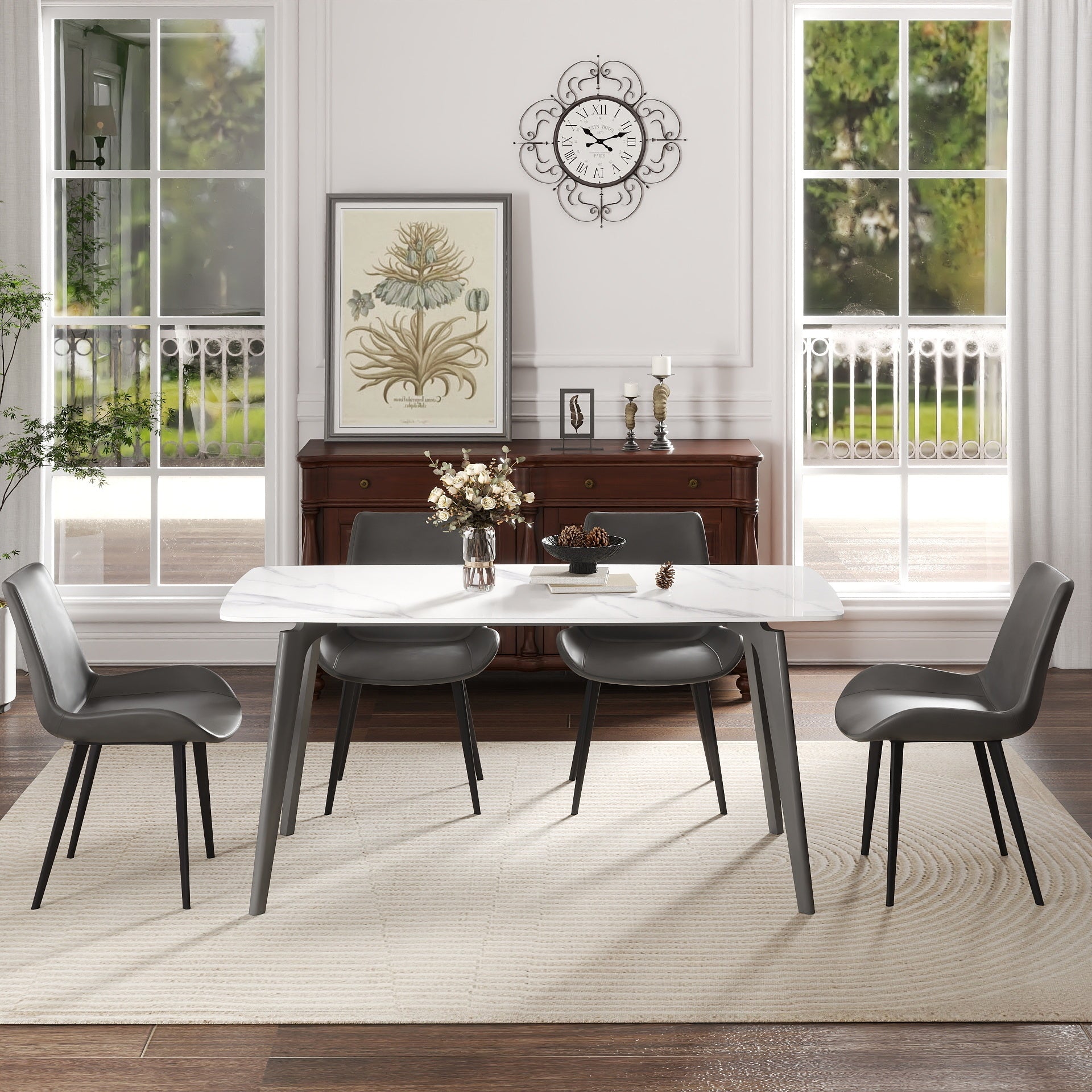 62.99' Modern Artificial Stone White Curved Edge Dark Grey Metal Leg Dining Table-Can Accommodate 6 People(Dining Table Only)