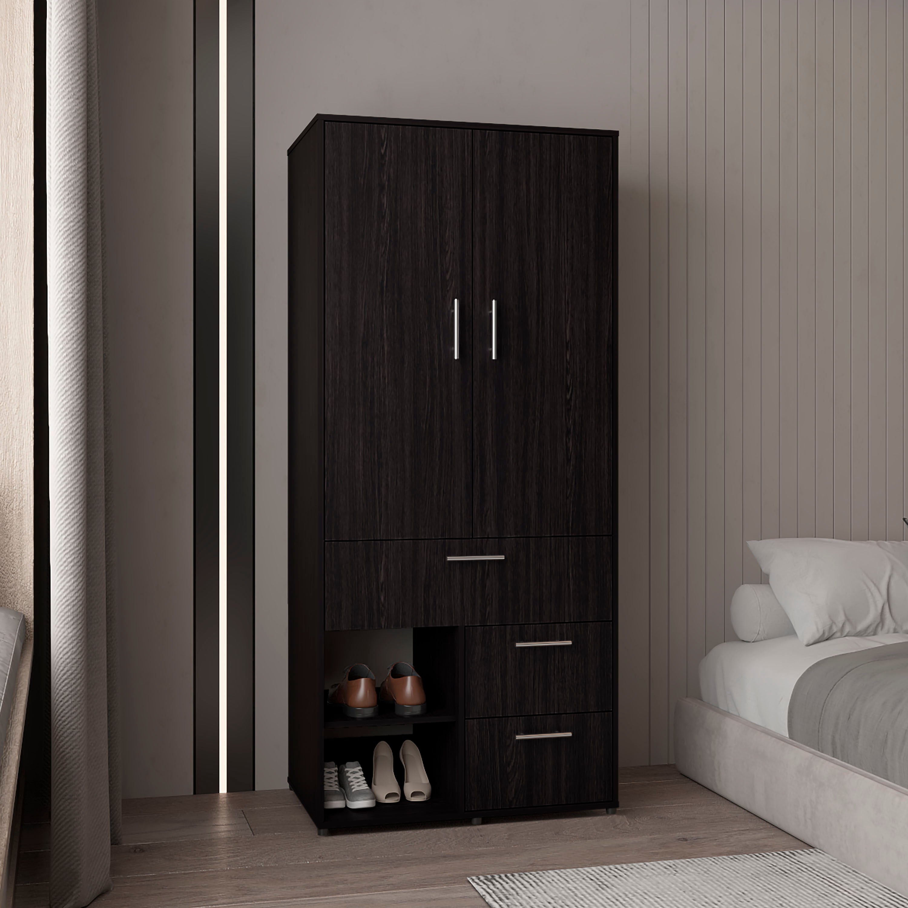 Alpine Armoire With Double Doors, Internal Shelves And Hanging Rod, Black