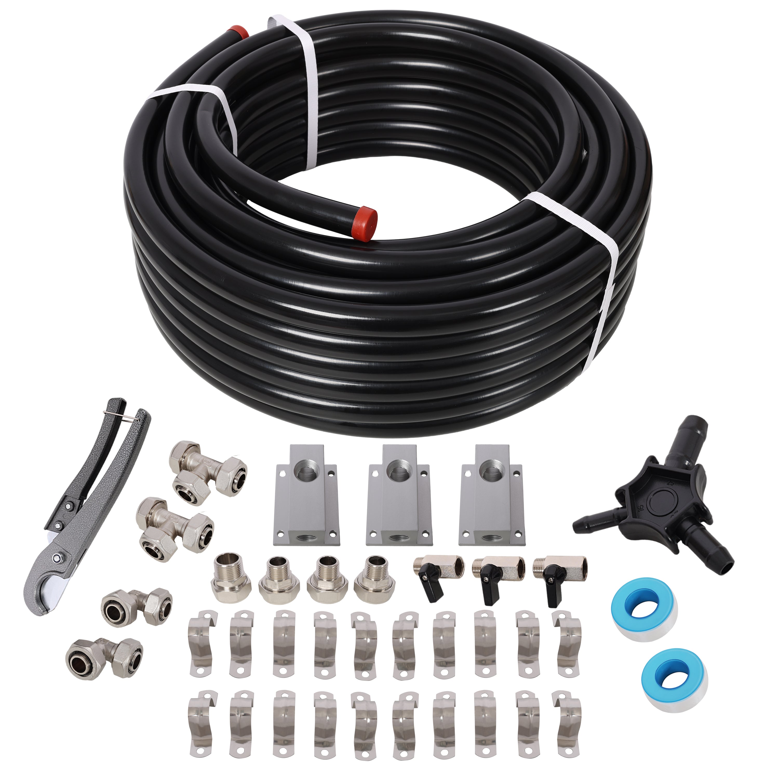 3/4 inch x 100 feet Tubing and Aluminum Outlet Blocks,High Quality PEX-AL-PEX Tubing, Compressed Air Piping System,Air Compressor Hose Accessories,Black Tubing