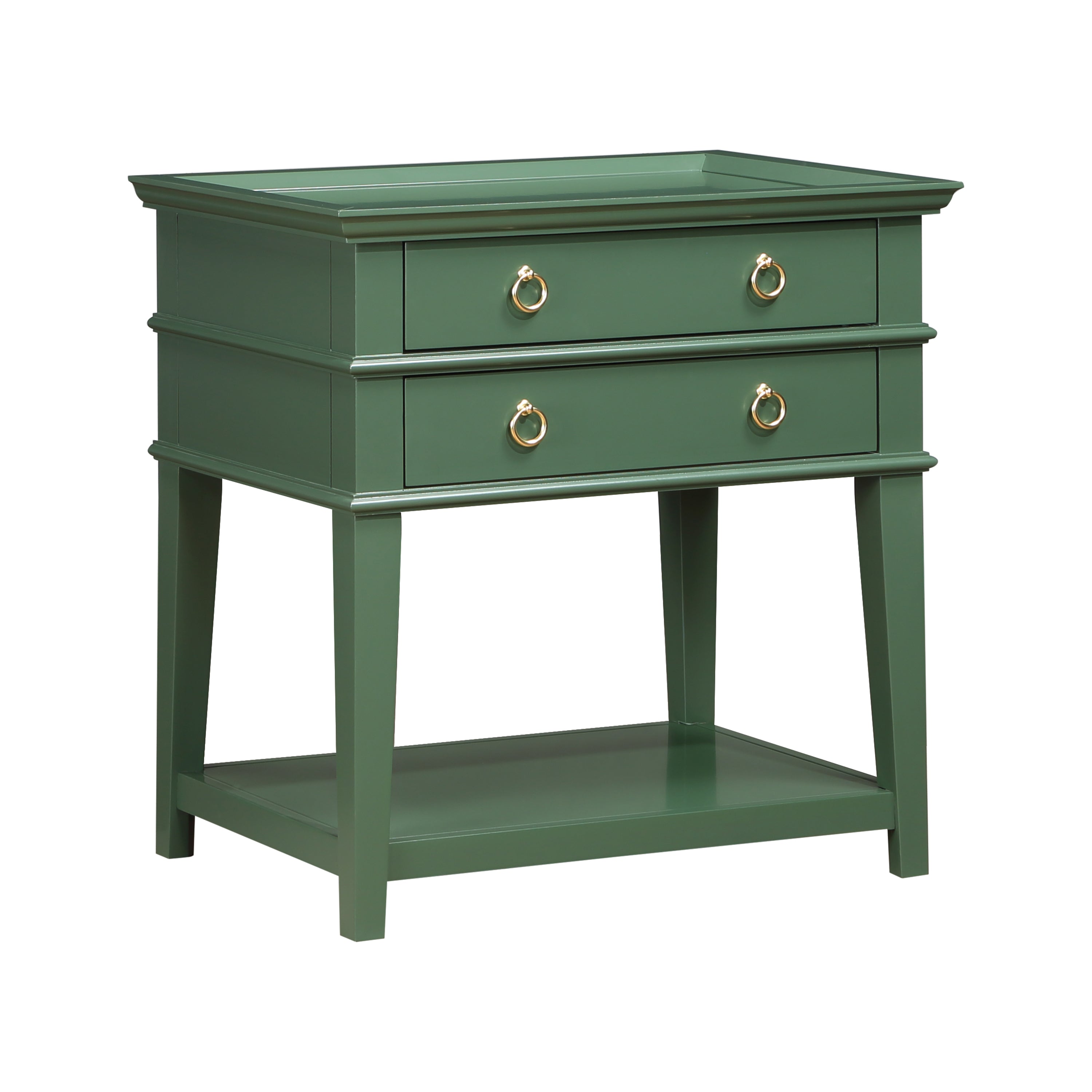 Carmona Vintage Green 2-Drawer Tray Top Nightstand with Brushed Gold Ring Pulls