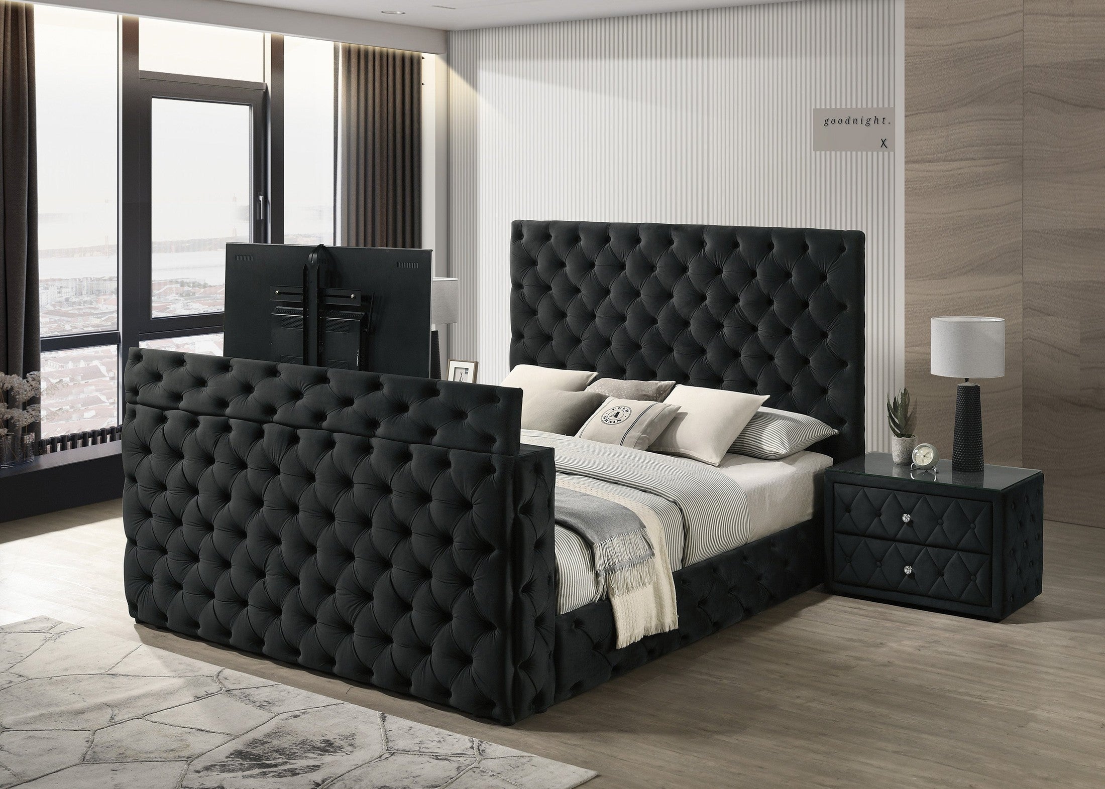 Luxurious King Size Bed Nightstand Set Deeply Tufted Headboard Upholstery Black Velvet Footboard Integrated Television Lift Mechanism Storage 3pc Set