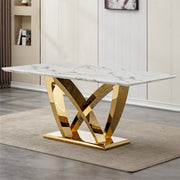 Marble Dining Table for 6 People, 70'' Rectangle Faux Marble Dining Table with Mirrored Finish Stainless Steel Base, Modern Large Size Marble Kitchen Table (Gold,White)(only table)