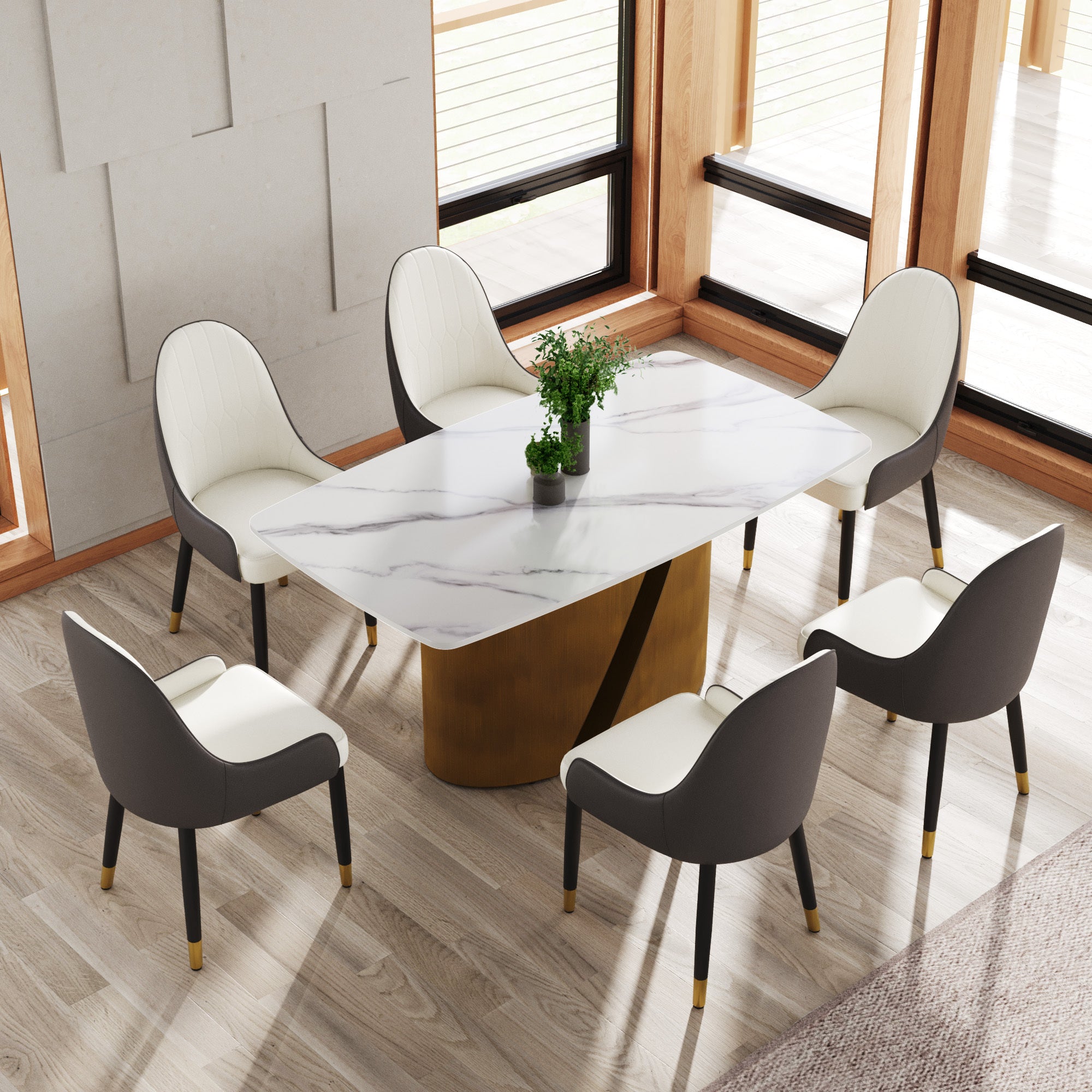 63 'modern artificial stone curved white panel bronze iron metal legs-can accommodate 6-8 people.