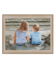 'Boy and Girl Sitting in Dunes' by Artisan Georgia Janisse, Ready to Hang Framed Print, Brown Frame