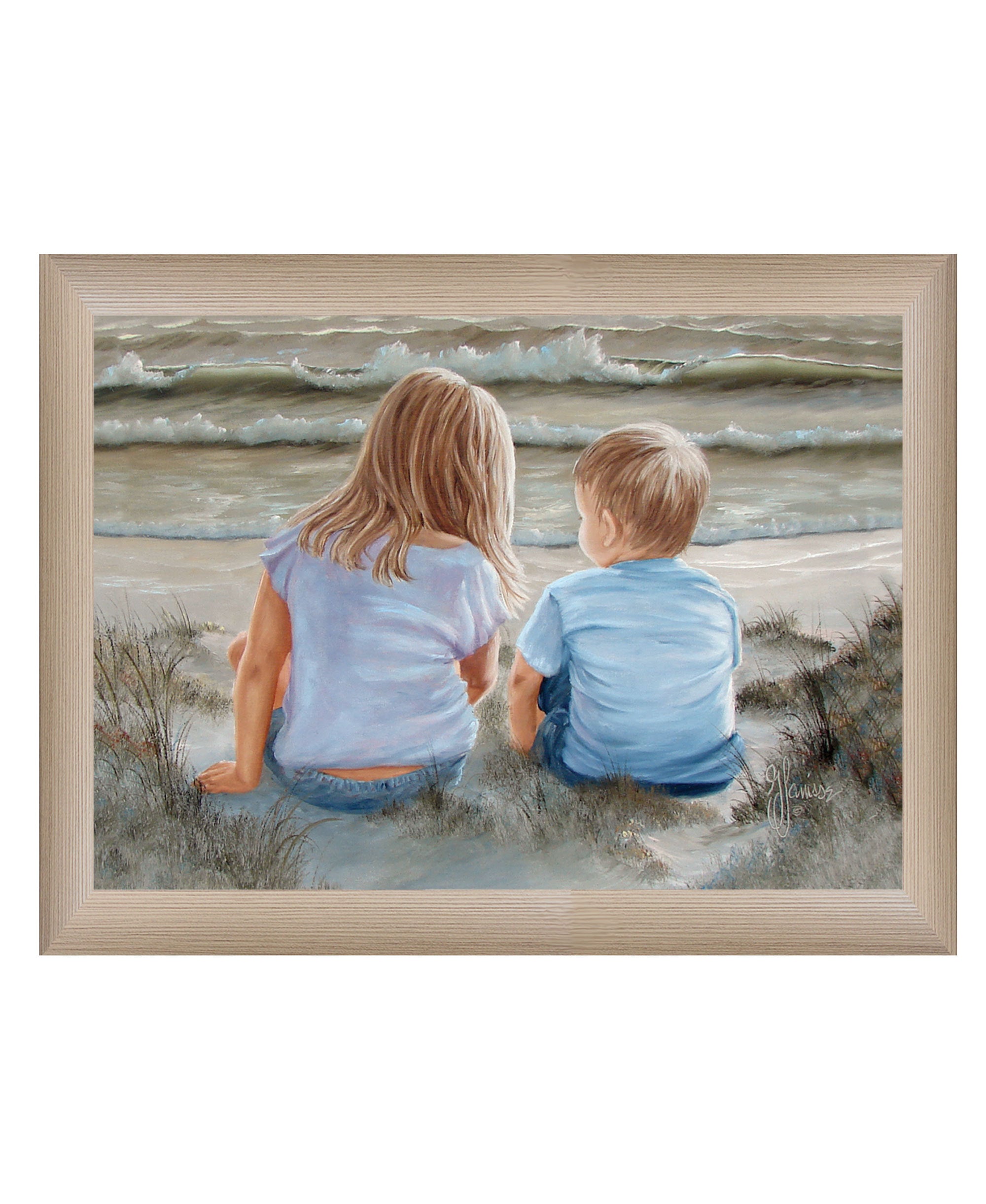 'Boy and Girl Sitting in Dunes' by Artisan Georgia Janisse, Ready to Hang Framed Print, Brown Frame