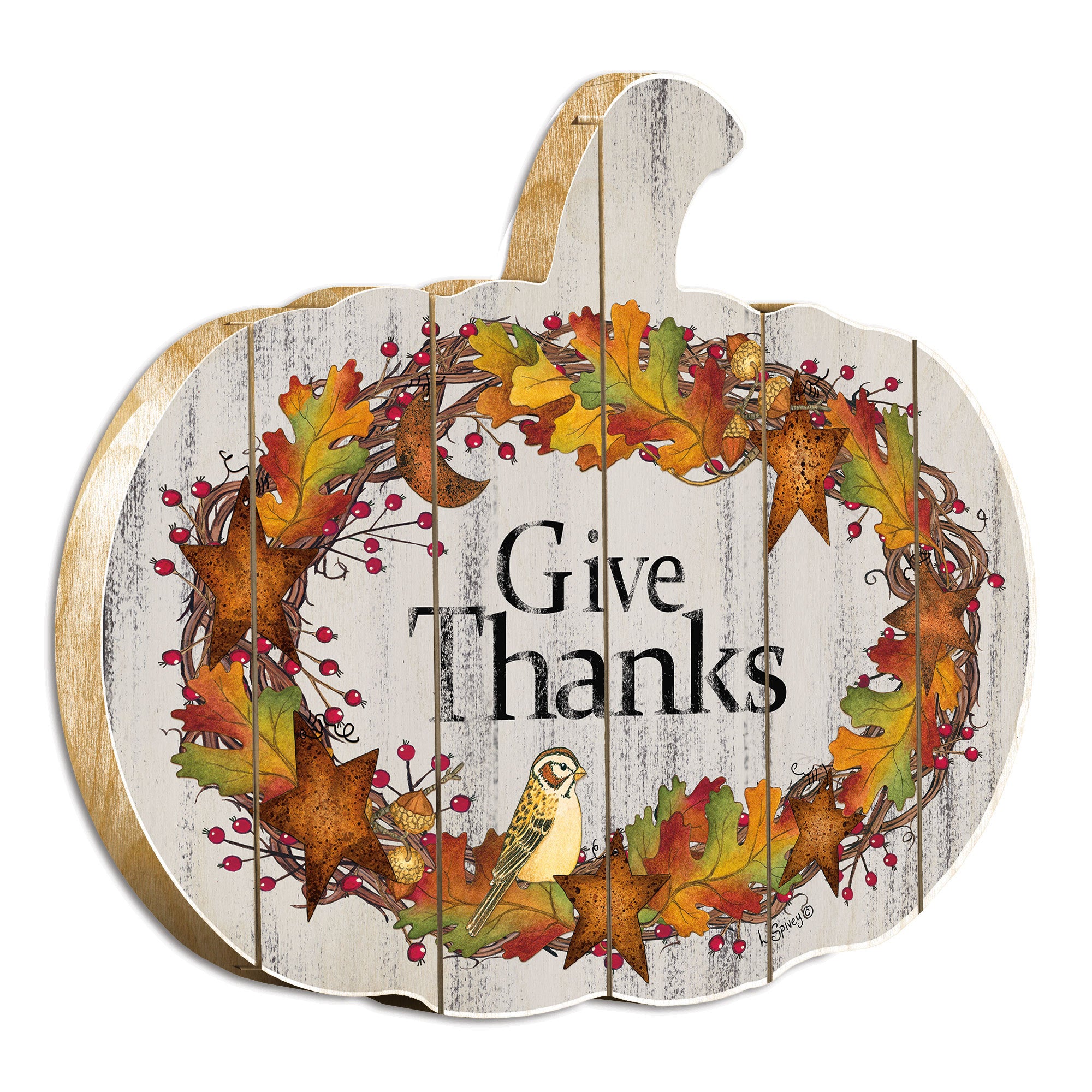 'Give Thanks' By Artisan Linda Spivey Printed on Wooden Pumpkin Wall Art