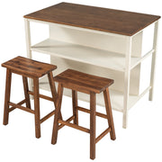 TOPMAX Rustic 3-piece Stationary Kitchen Island Set with Butcher Block and Seating, Walnut and Cream White