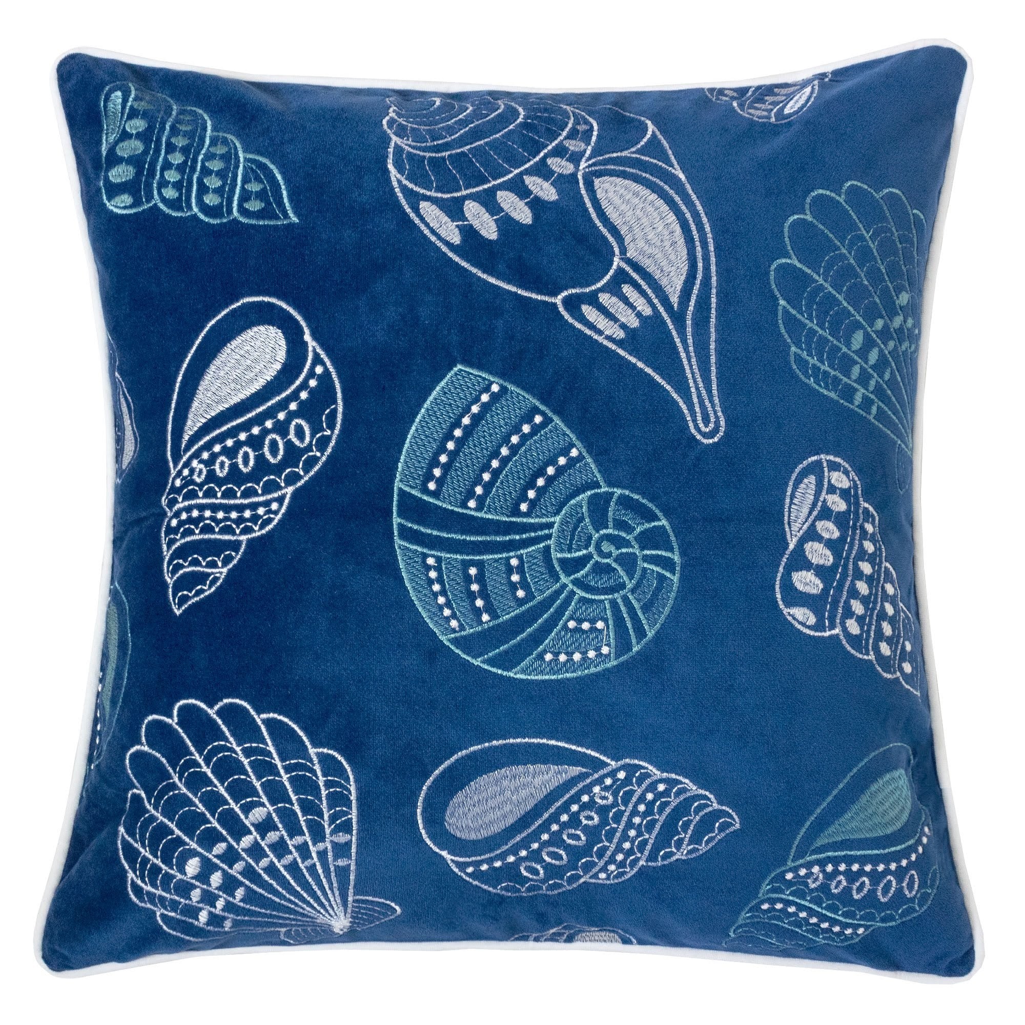 Indigo Blue Spa Seashells Pillow Cover with Polyester Velvet Fabric and Matching Back, 20x20 inches