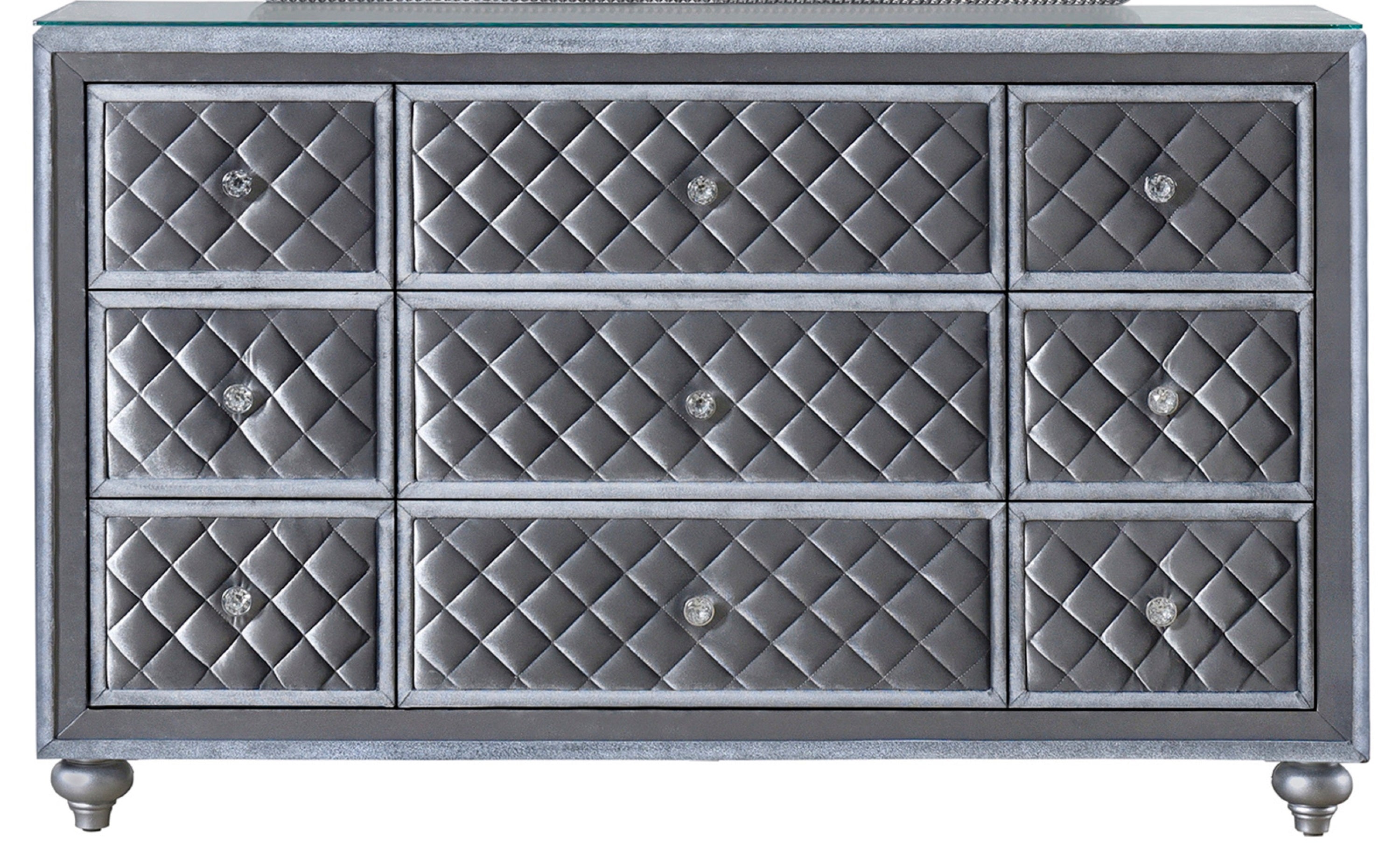 1pc Glam 9-Drawer Dresser w Tempered Glass Top Velvet Tufted Drawer Front Faux Crystal Drawer Knobs Bedroom Furniture