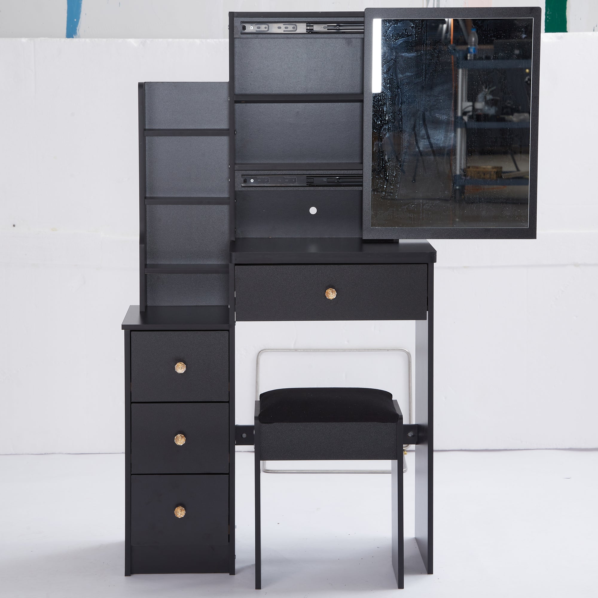 29.2' Small Space Left Bedside Cabinet Vanity Table + Cushioned Stool, Extra Large Right sliding mirror, Multi Layer High Capacity Storage, Practical Fashionable Dresser, Suitable For Small Space