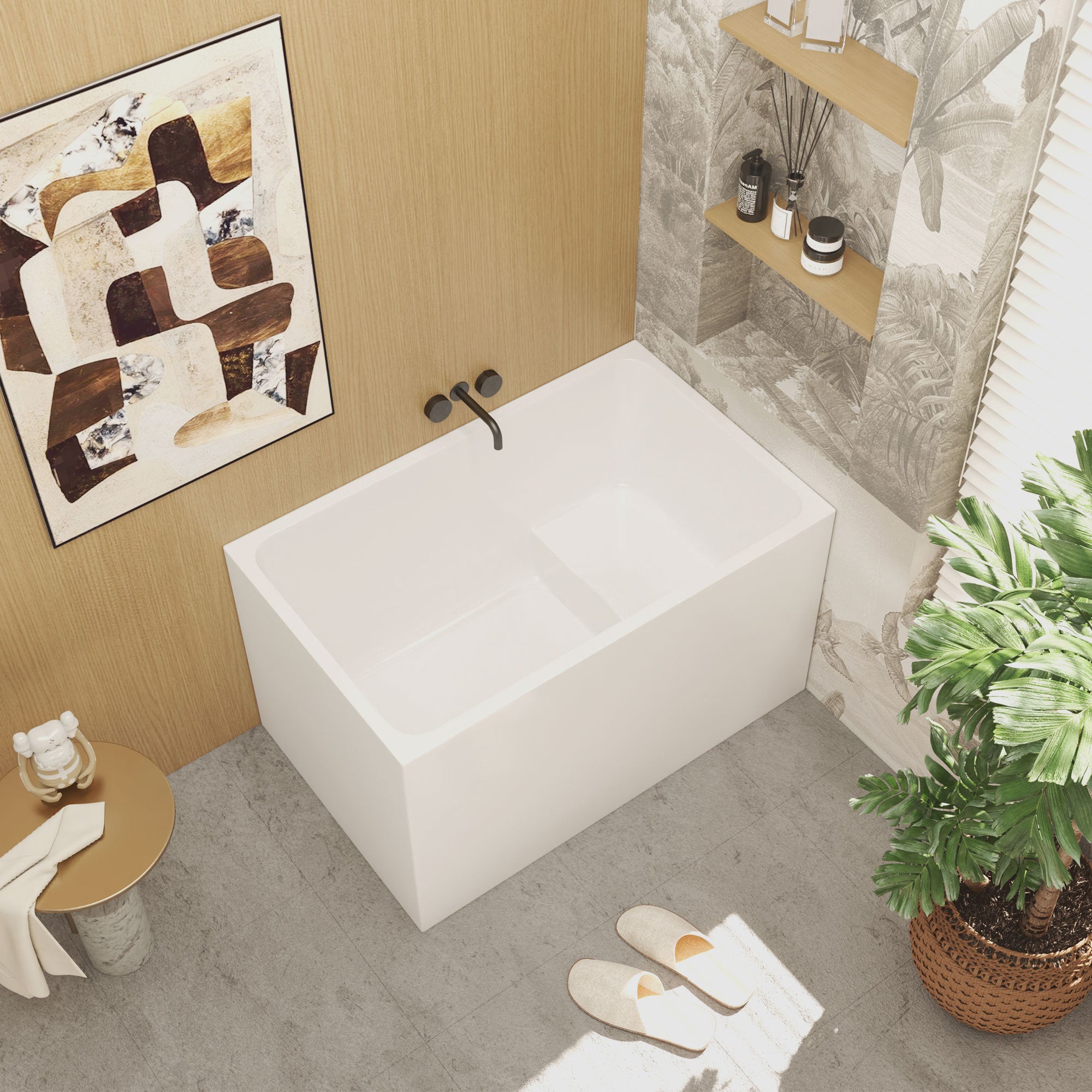 43' Acrylic Freestanding Bathtub with seat: Spacious rectangle Shape, Gloss White Finish, Chrome Overflow & Pop-Up Drain
