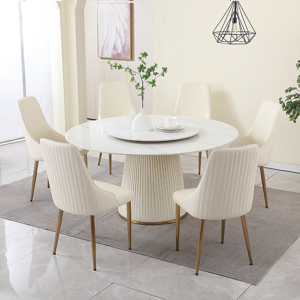 59'Modern Sintered stone dining table with 31.5' round turntable with wood and metal exquisite pedestal with 6 pcs Chairs .
