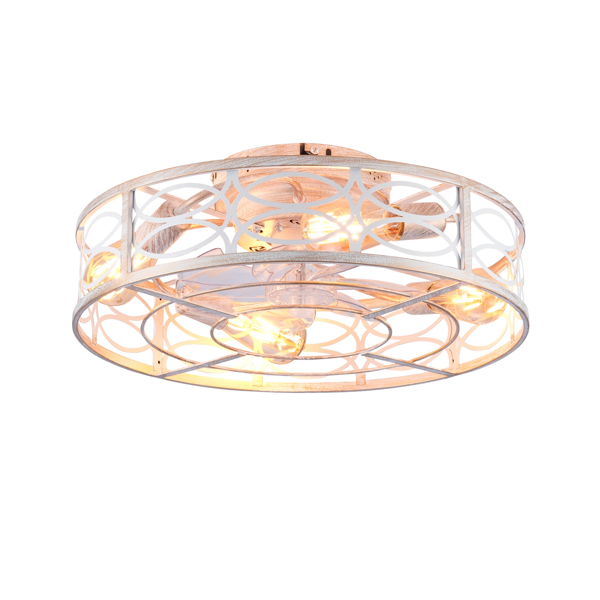 20' Caged Ceiling Fans with Lights and Remote, Bladeless Ceiling Fan 6 Speed Reversible with Remote Control,Flush Mount Caged Ceiling Fan for Bedroom, Living Room--NOT Included Bulbs