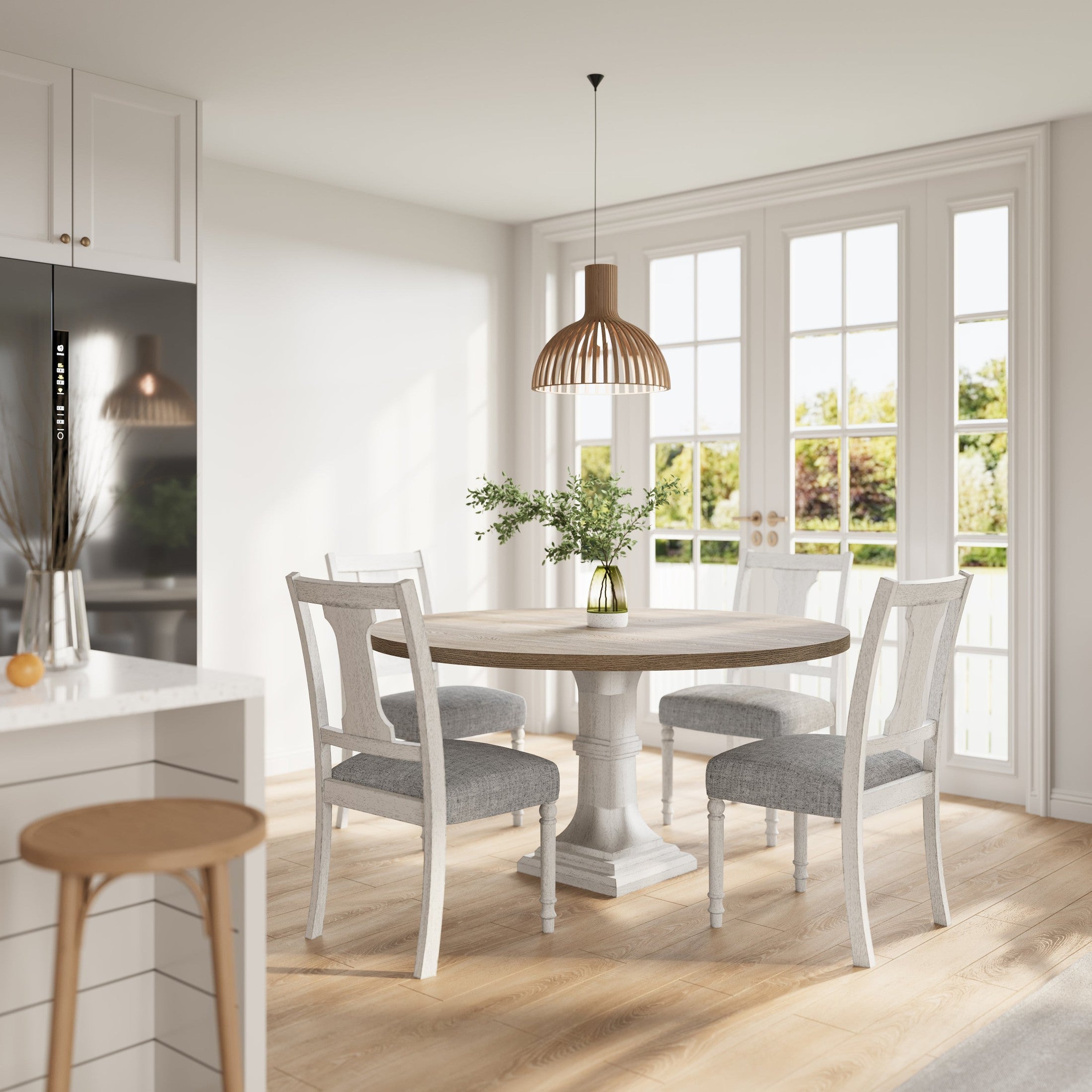 Tannen 59'W Round White and Gray 5-Pc Dining Table Set