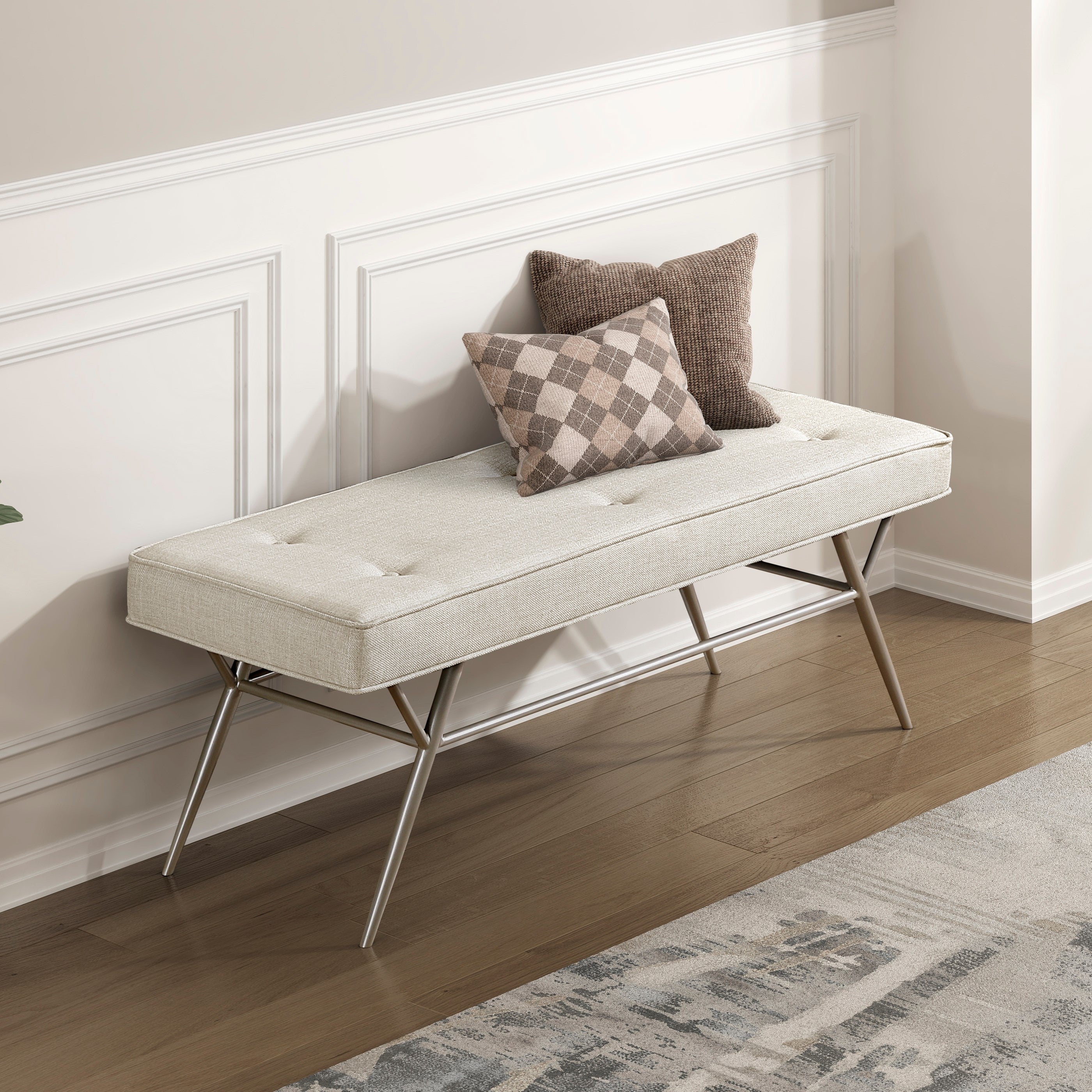 Contemporary Upholstered Bench Beige Tufted Seat Plush Comfort Home Furniture 1pc Entryway Bench Metal Legs Champagne Finish