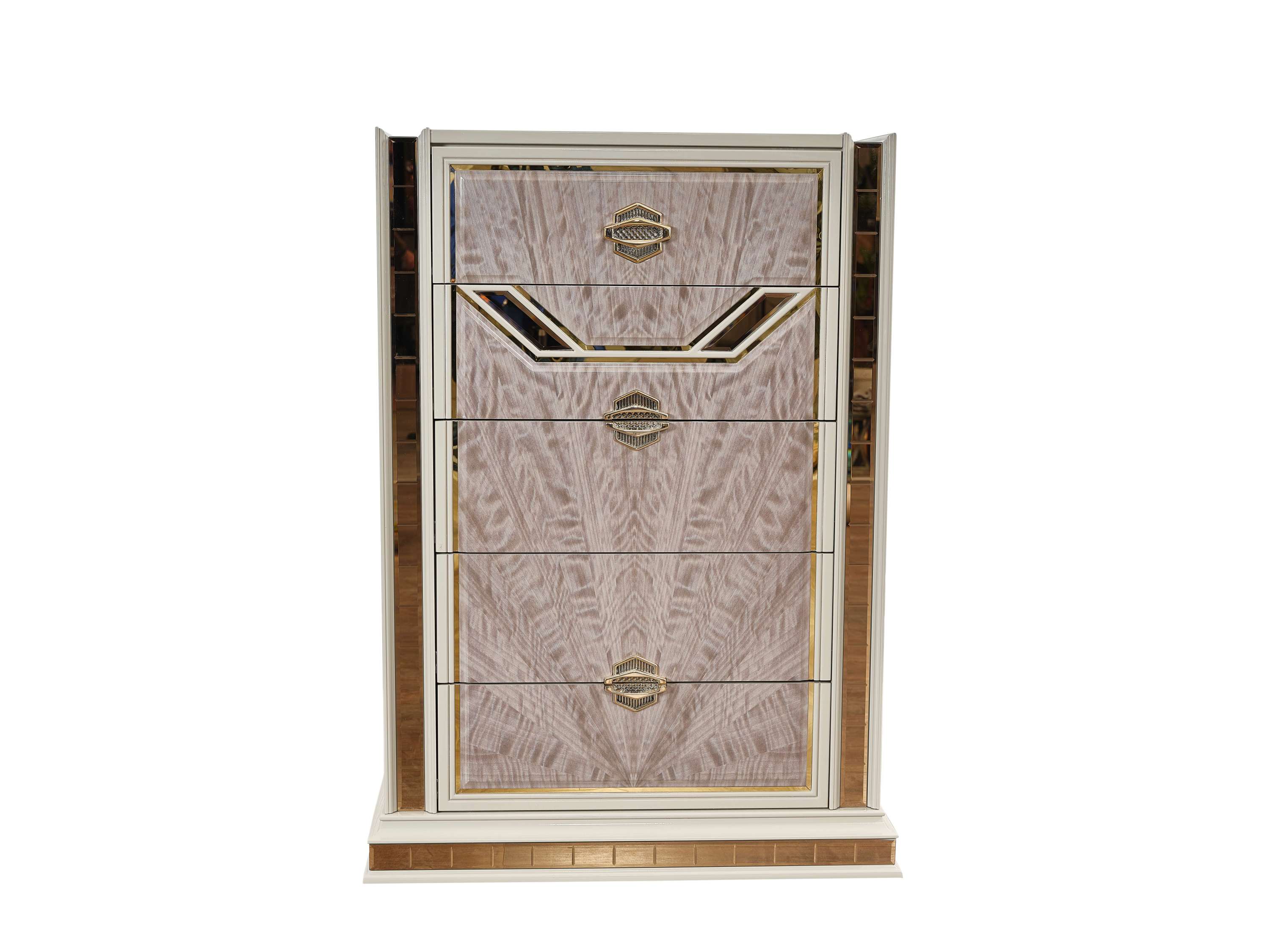 Omari Modern Style 5-Drawer Chest Made with Wood and Gold Accents in Beige      same asG150109295  (NJ inventory)