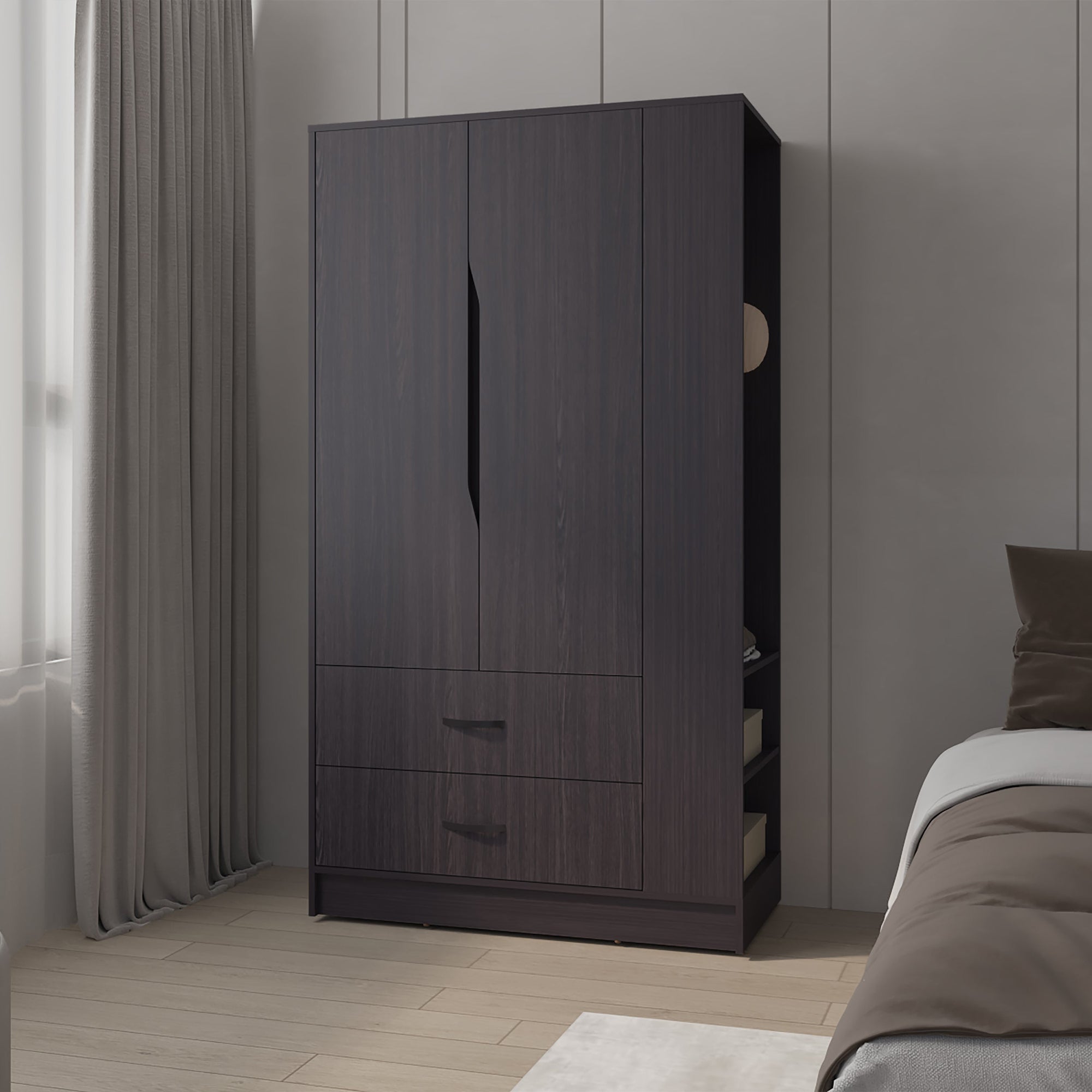 Wenge 3-Door Wardrobe with 1 Drawer, Side Shelf and Hanging Rods