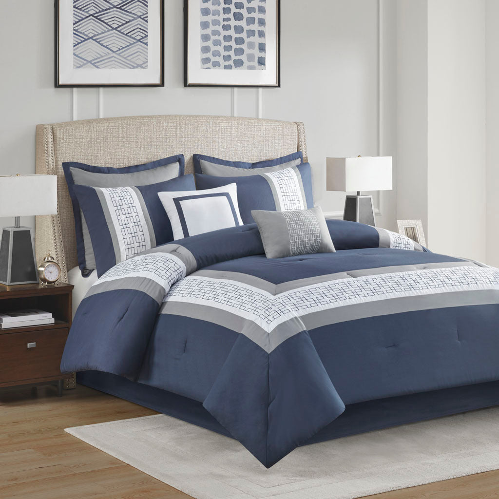 8 Piece Embroidered Comforter Set Navy Cal King