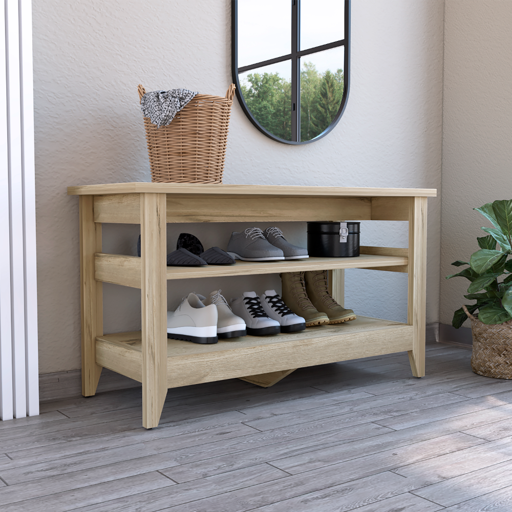Storage Bench, Two Open Shelves, Light Oak