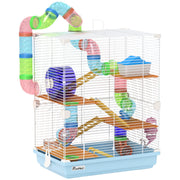 PawHut 18' 5 Tier Hamster Cage with Tubes and Tunnels, Small Animal Cage with Portable Carry Handle, Gerbil Cage with Water Bottle, Food Dish, Exercise Wheel, Light Blue