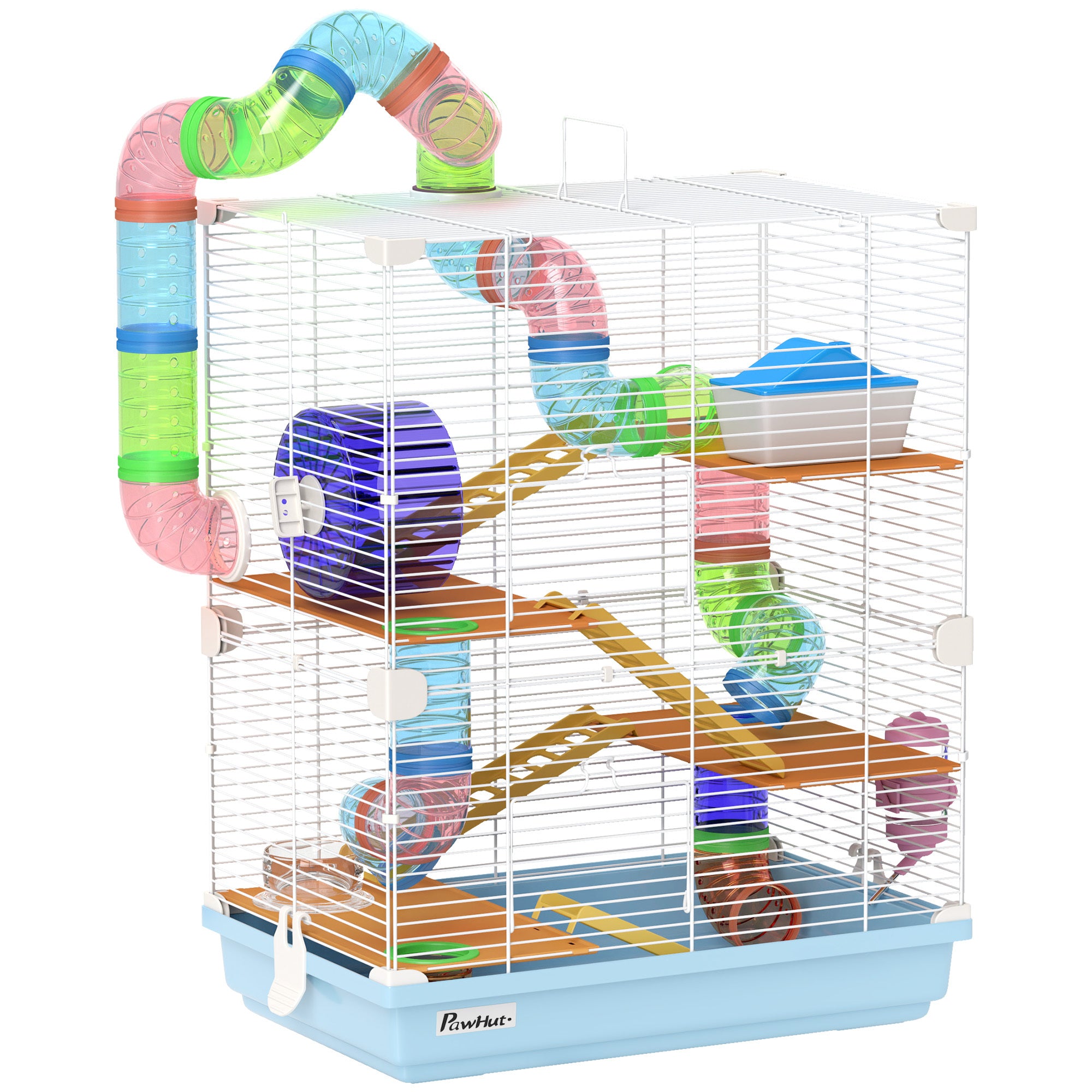PawHut 18' 5 Tier Hamster Cage with Tubes and Tunnels, Small Animal Cage with Portable Carry Handle, Gerbil Cage with Water Bottle, Food Dish, Exercise Wheel, Light Blue