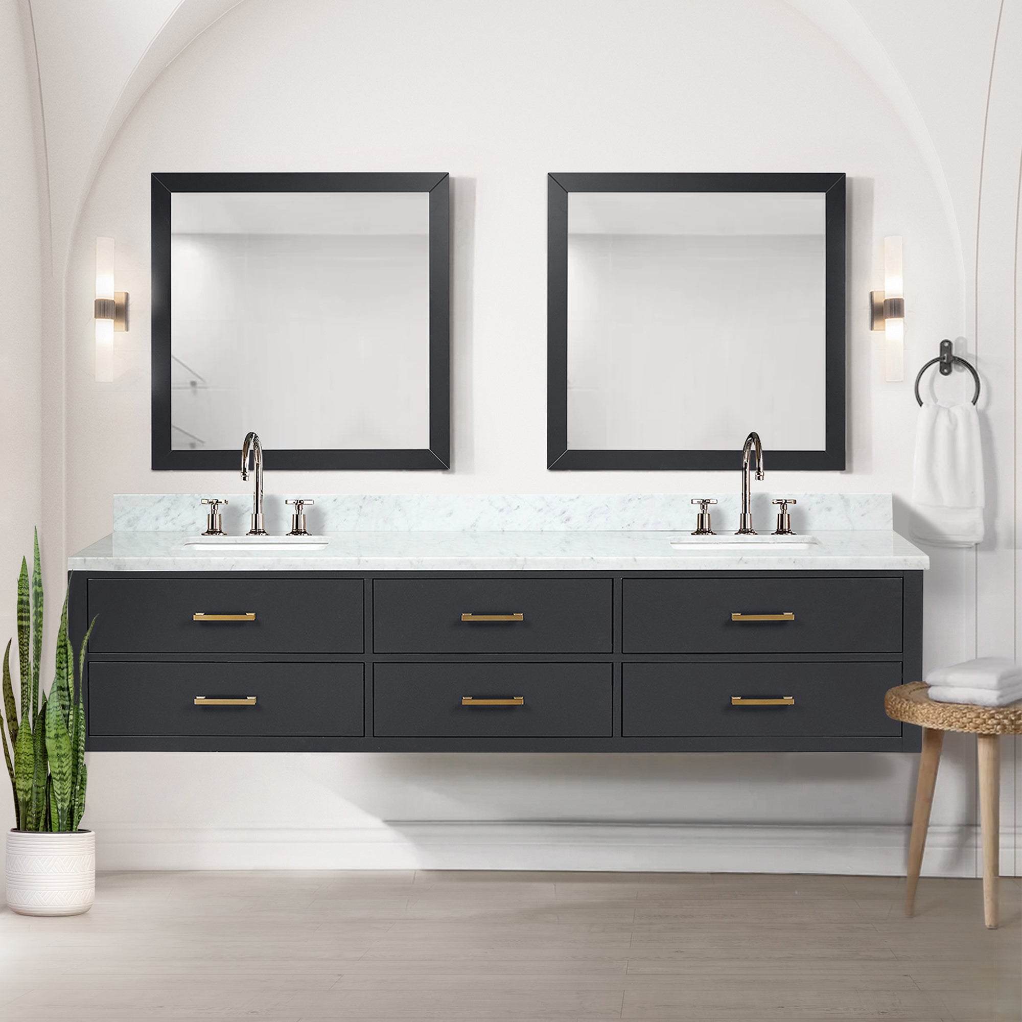 Black Double Bath Vanity 84 in. W x 22 in. D, Carrara Marble Top, and Faucet Set