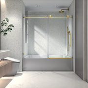 6063 Brushed Gold frameless one fixed and one shifted Shower Door,70MM 304 stainless steel large pulleys with adjustable soft closing function,with nano easy cleaning,stick explosion-proof menbrance