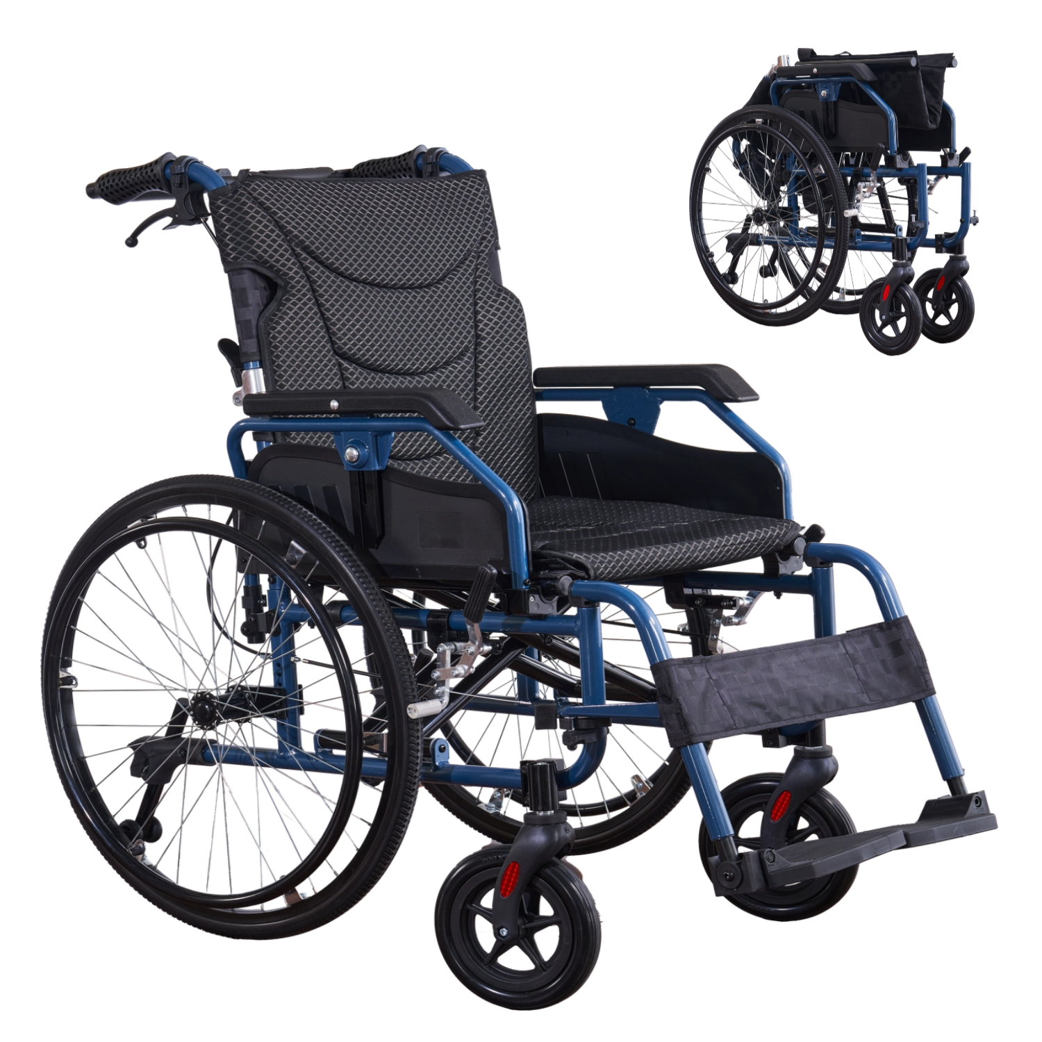 Premium Foldable Transport Wheelchair for Adults - Aluminum Alloy Frame,Double Brakes,Adjustable Armrests & Seat Belt,Breathable Cushion,Anti-backflip, 300lbs Capacity,Color Blue