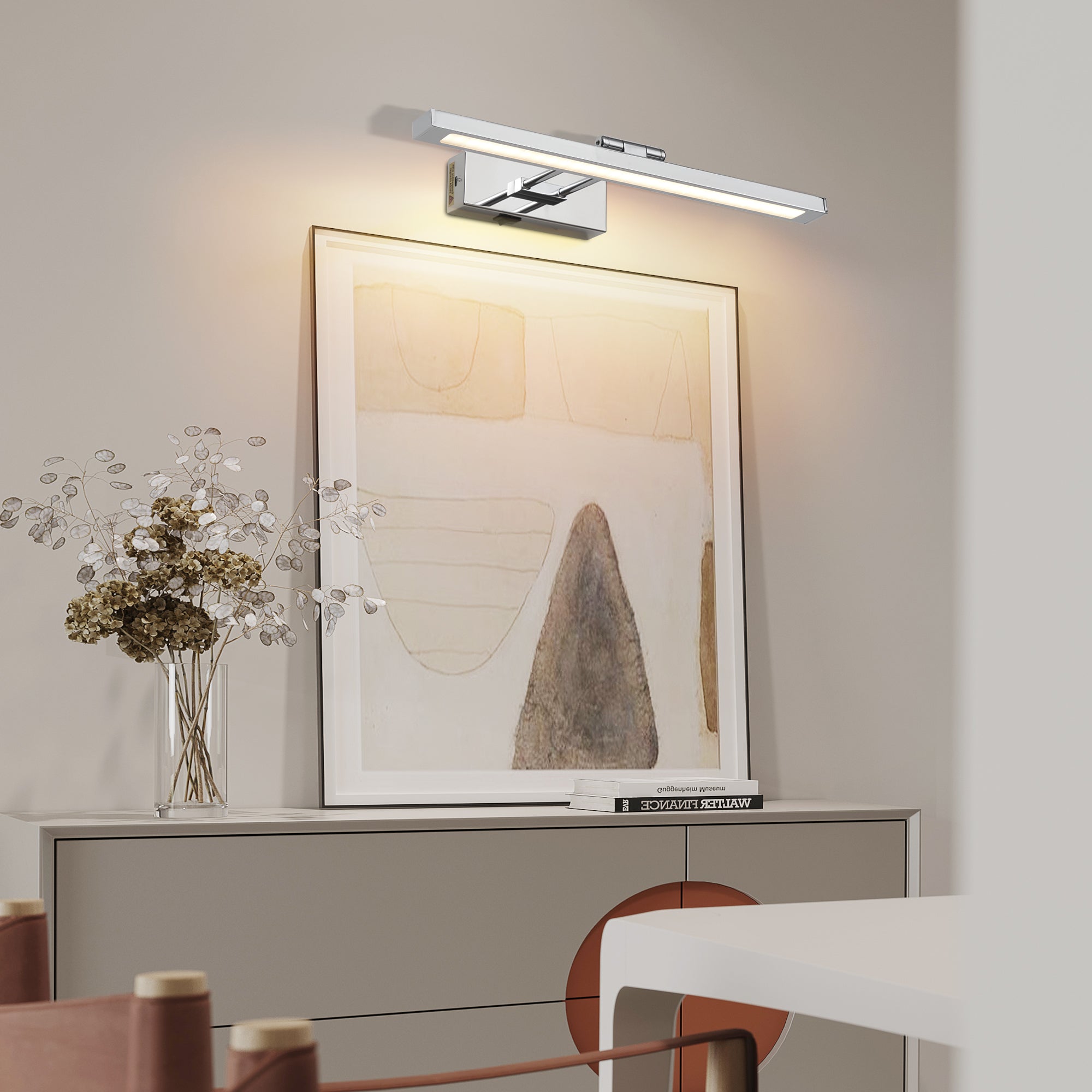 Battery Picture Light, 16 inch Wireless Picture Light for Painting with Remote,Full Metal Rechargeable Art Light,Wall Sconce Display Lighting for Portrait, Photo Frame,Gallery, (Chrome)