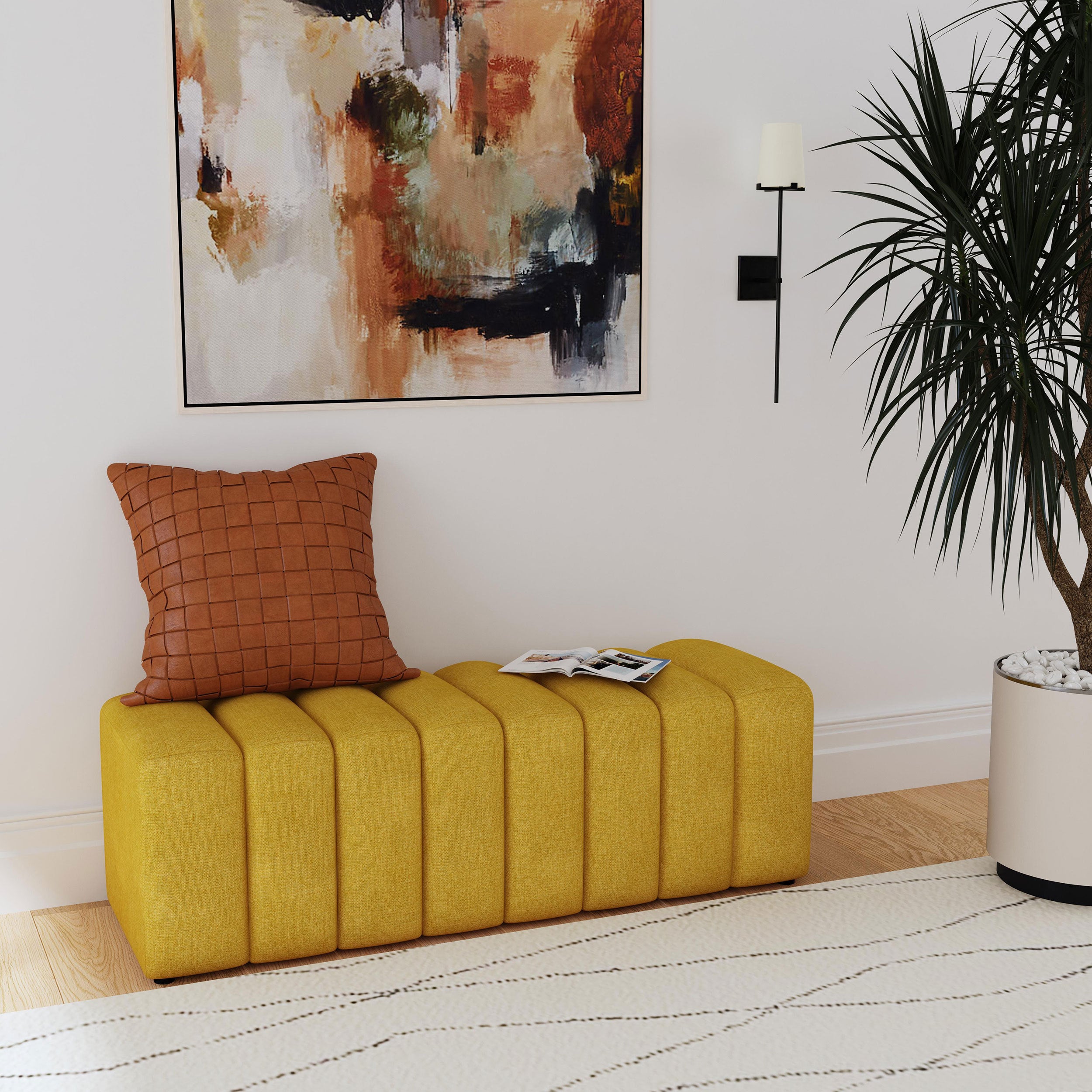 DelSur Mustard Yellow Fabric Upholstered Tufted Accent Bench