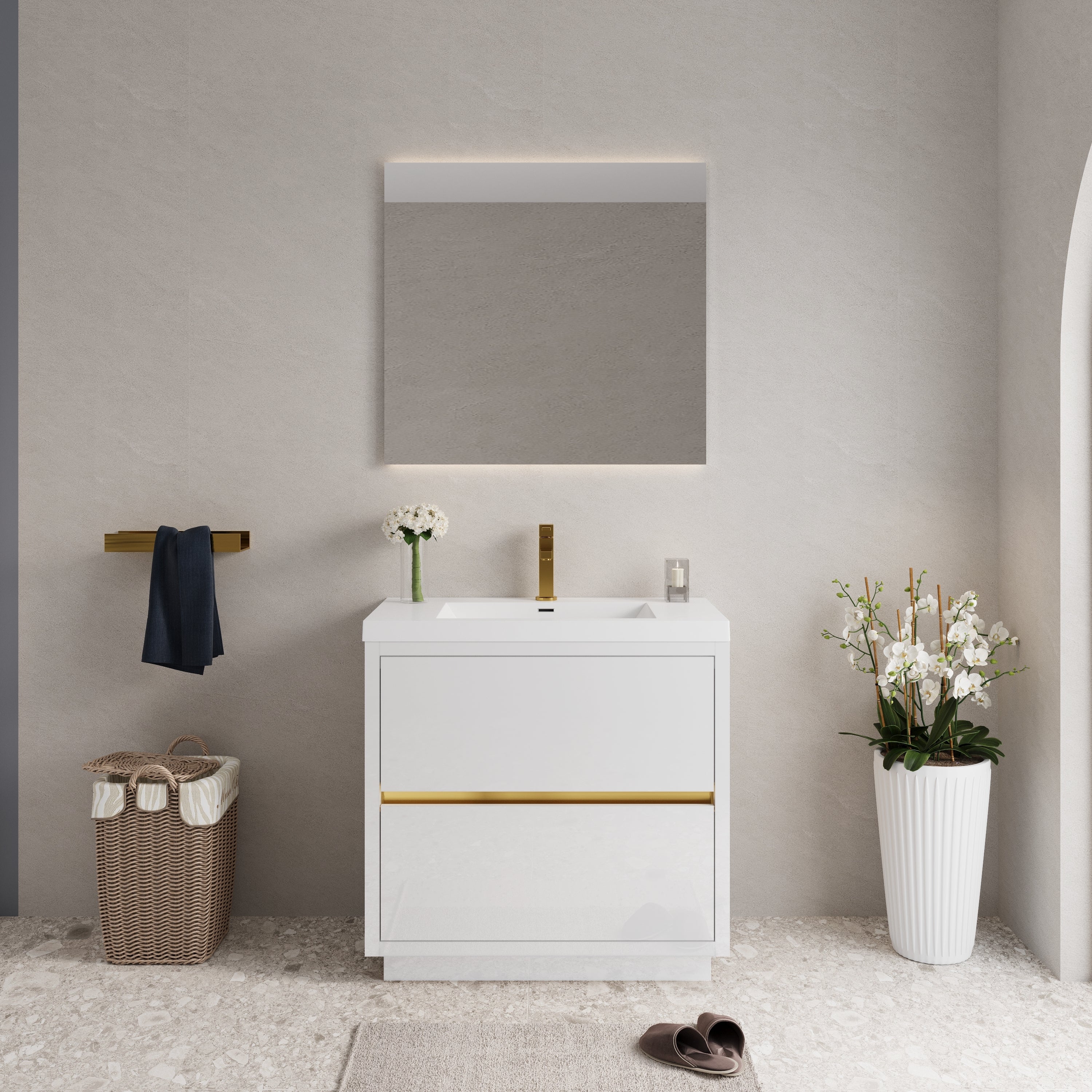 36' Freestanding Bathroom Vanity with Sink, Bathroom Storage Vanity Cabinet with Stone Resin Countertop and Soft Close Drawers, Glossy White 24V14-36GW