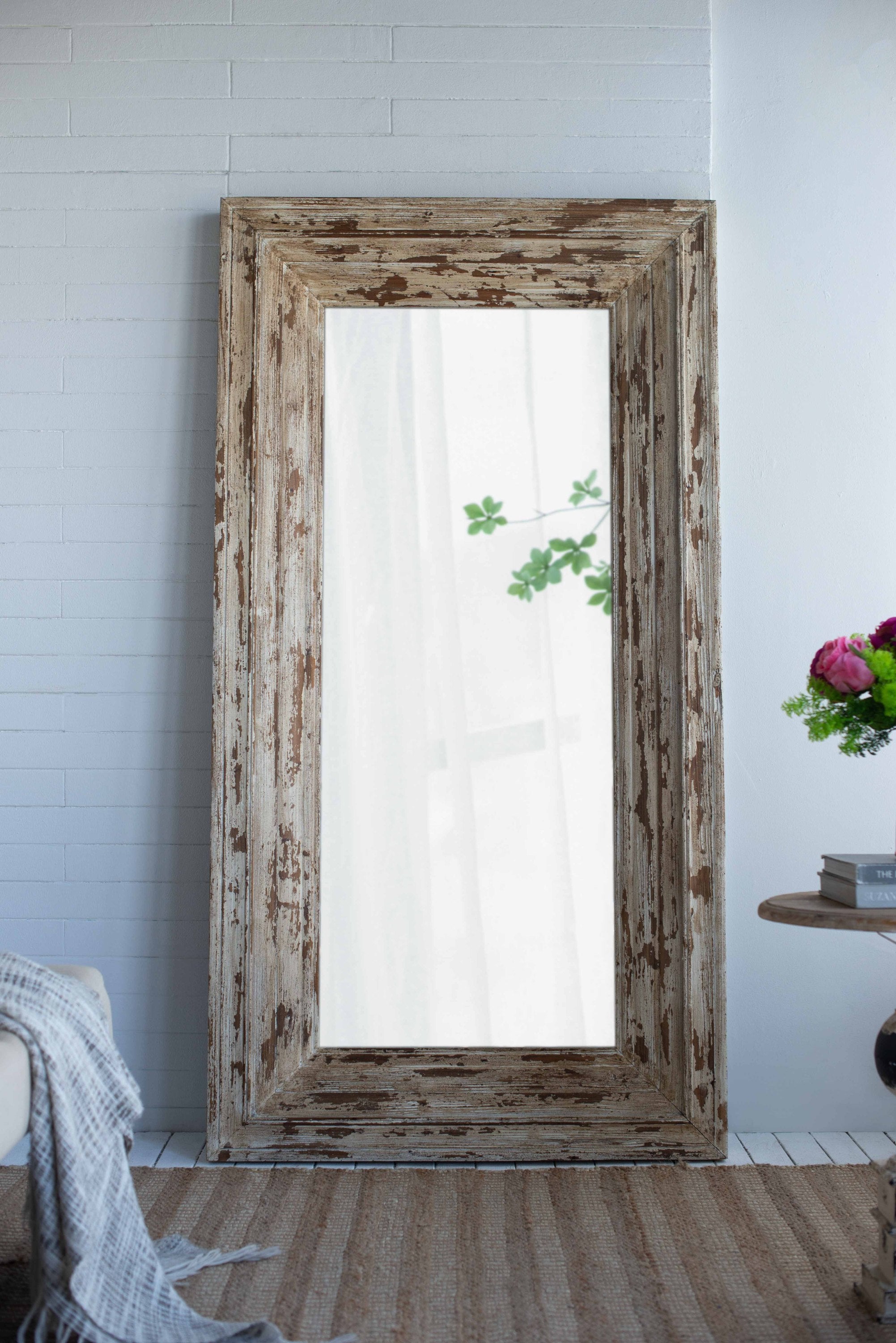 39x3.5x75' Full Length Rectangle Floor Mirror with Distressed Wood Frame