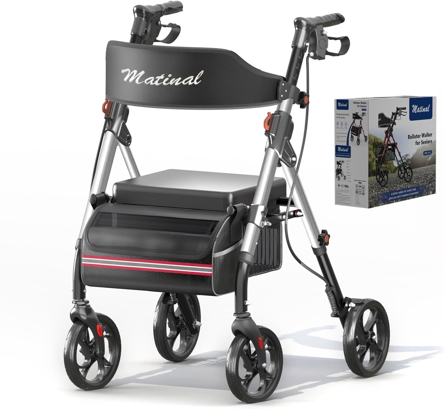 Matinal Foldable Rollator Walkers with Seat for Seniors, 350 lb Capacity, 8'' Big Wheels, 6-Position Height, Premium Hybrid Rolling Walker - Aluminum and Carbon Steel (silver)