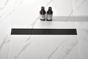 28 Inches Linear Shower Drain with Removable Quadrato Pattern Grate, 304 Stainless Shower Drain Included Hair Strainer and Leveling Feet, Flange