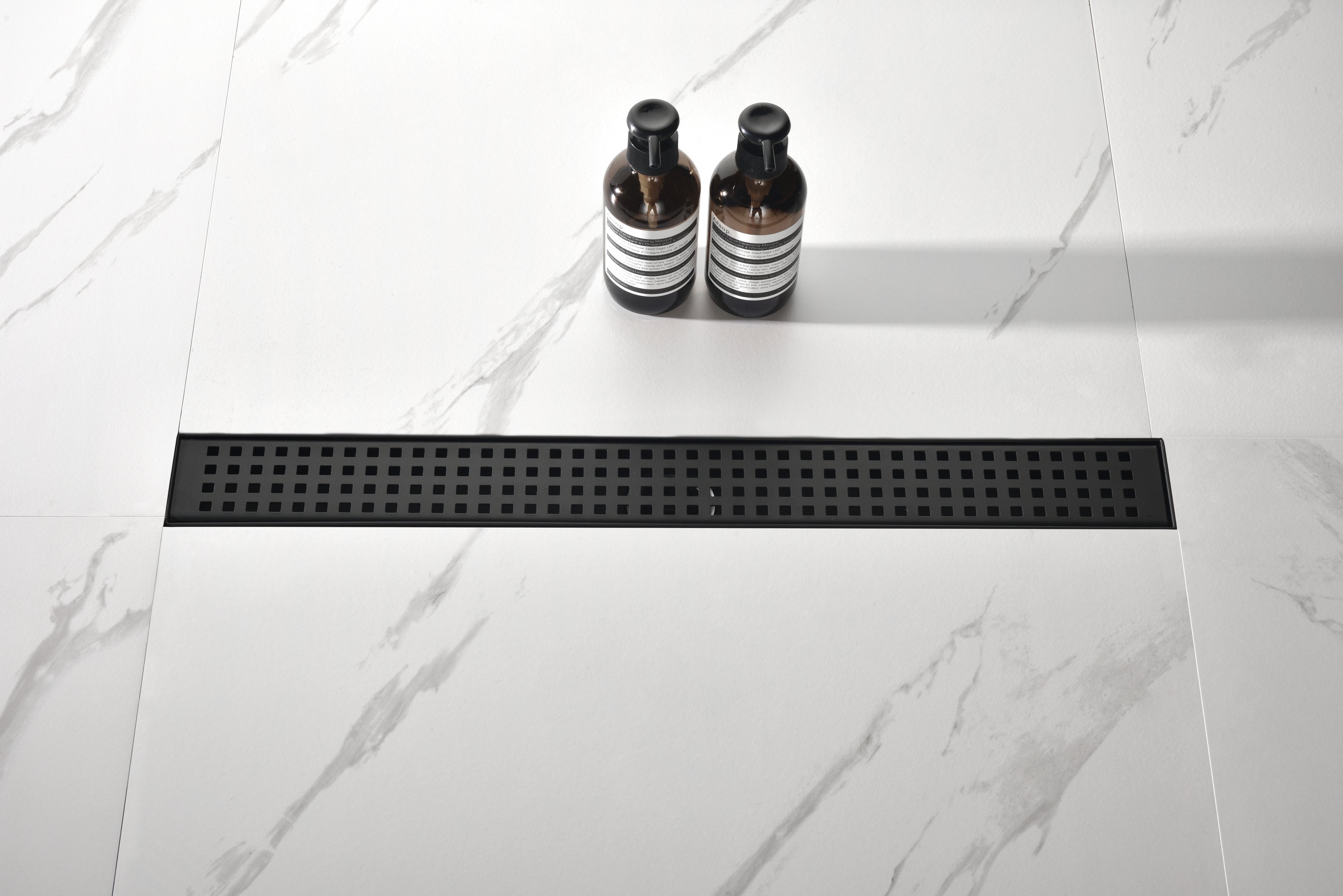 28 Inches Linear Shower Drain with Removable Quadrato Pattern Grate, 304 Stainless Shower Drain Included Hair Strainer and Leveling Feet, Flange