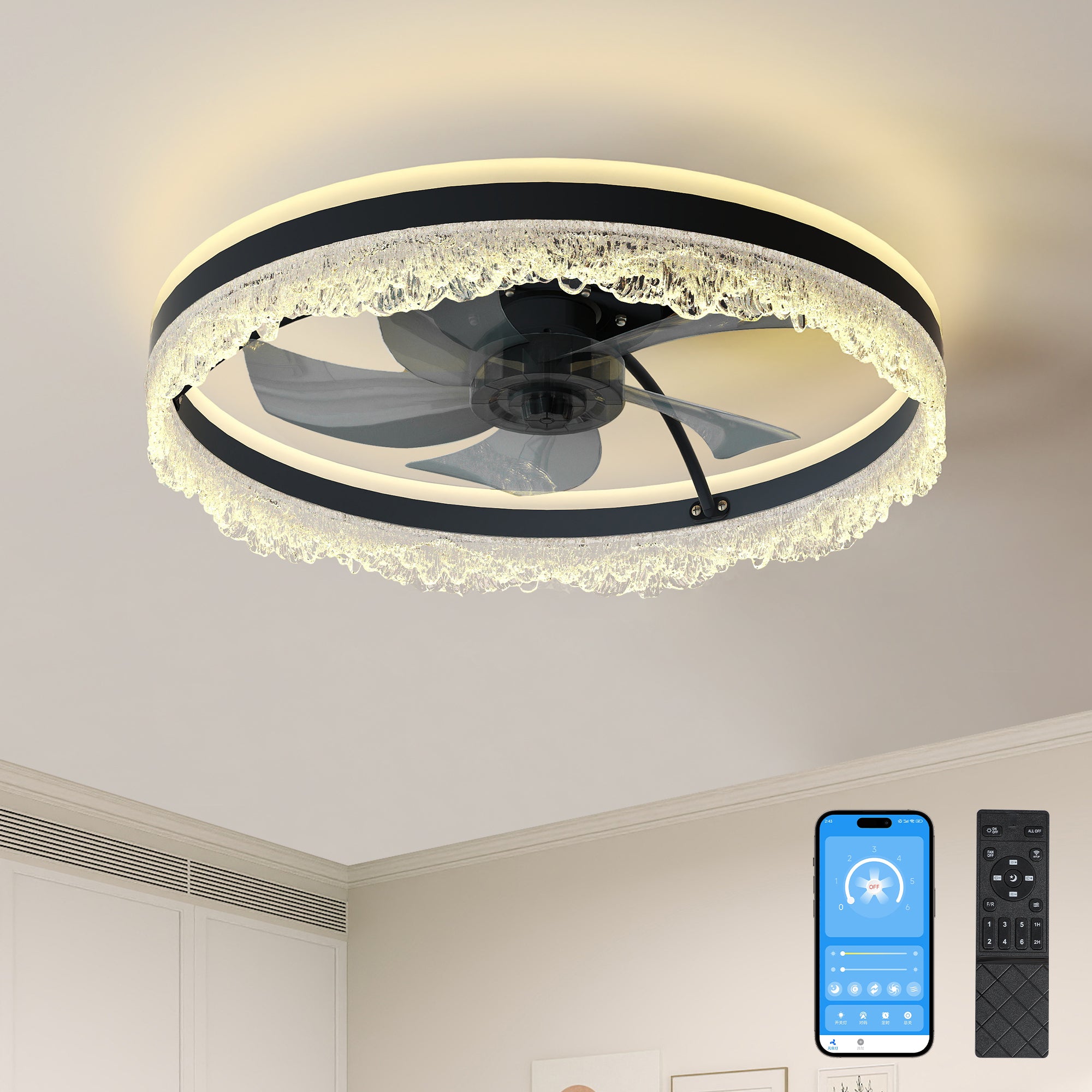 20' Smart Silent Ceiling Fan with Light – Crystal Flush Mount LED Fan Lamp with Hidden Blades and Natural Airflow System, Designed for Bedroom, Kids' Room and Study