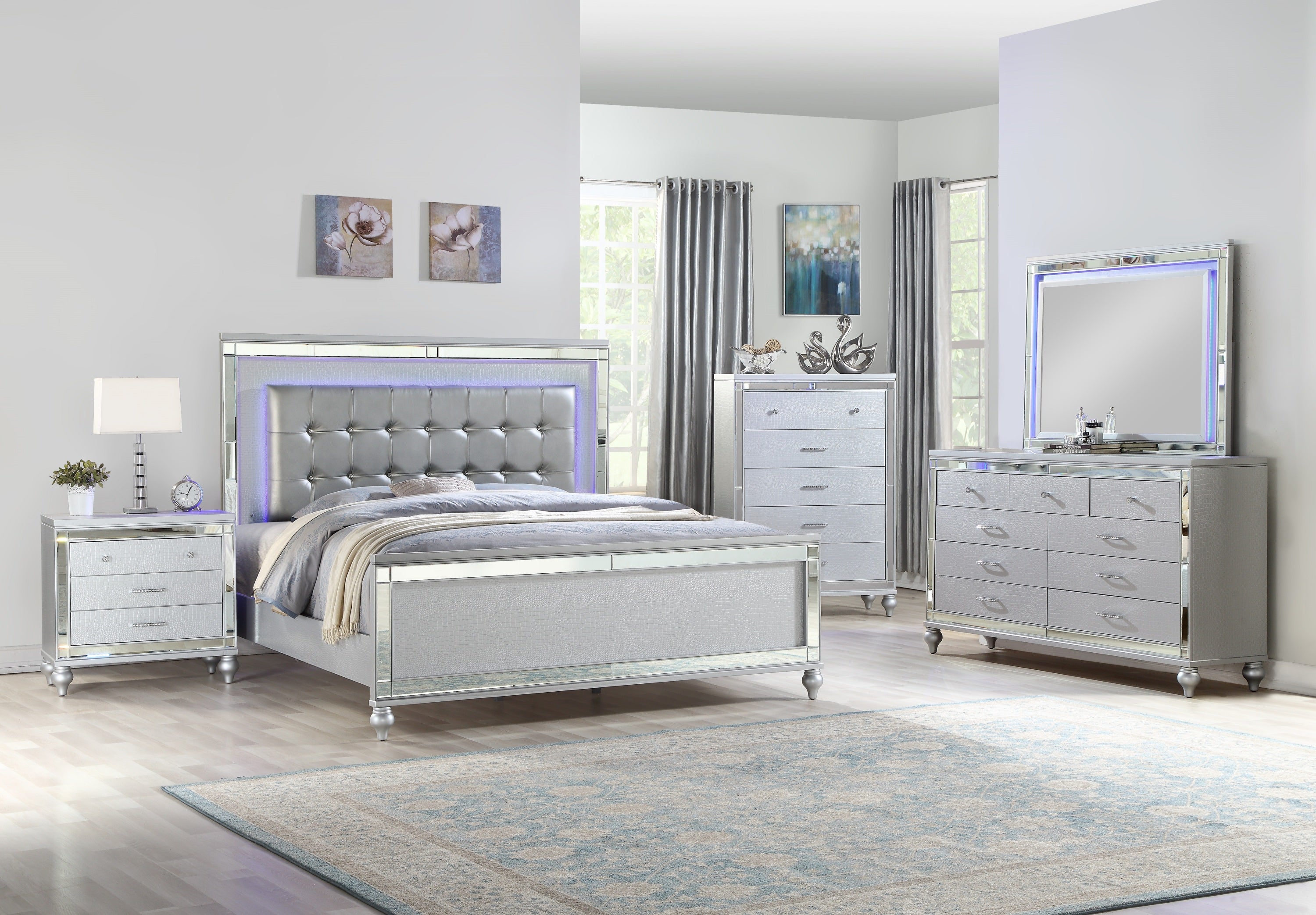 STERLING Queen 5 PC LED Bedroom set made with wood in Silver Color (NJ INVENTORY)