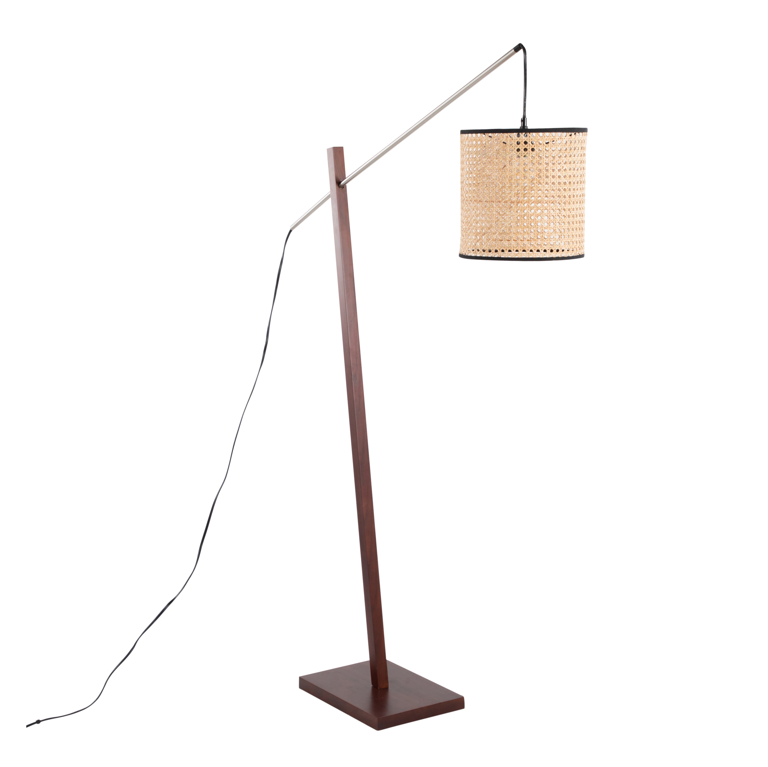 Arturo Contemporary Floor Lamp in Walnut Wood and Satin Nickel with Rattan Shade by LumiSource