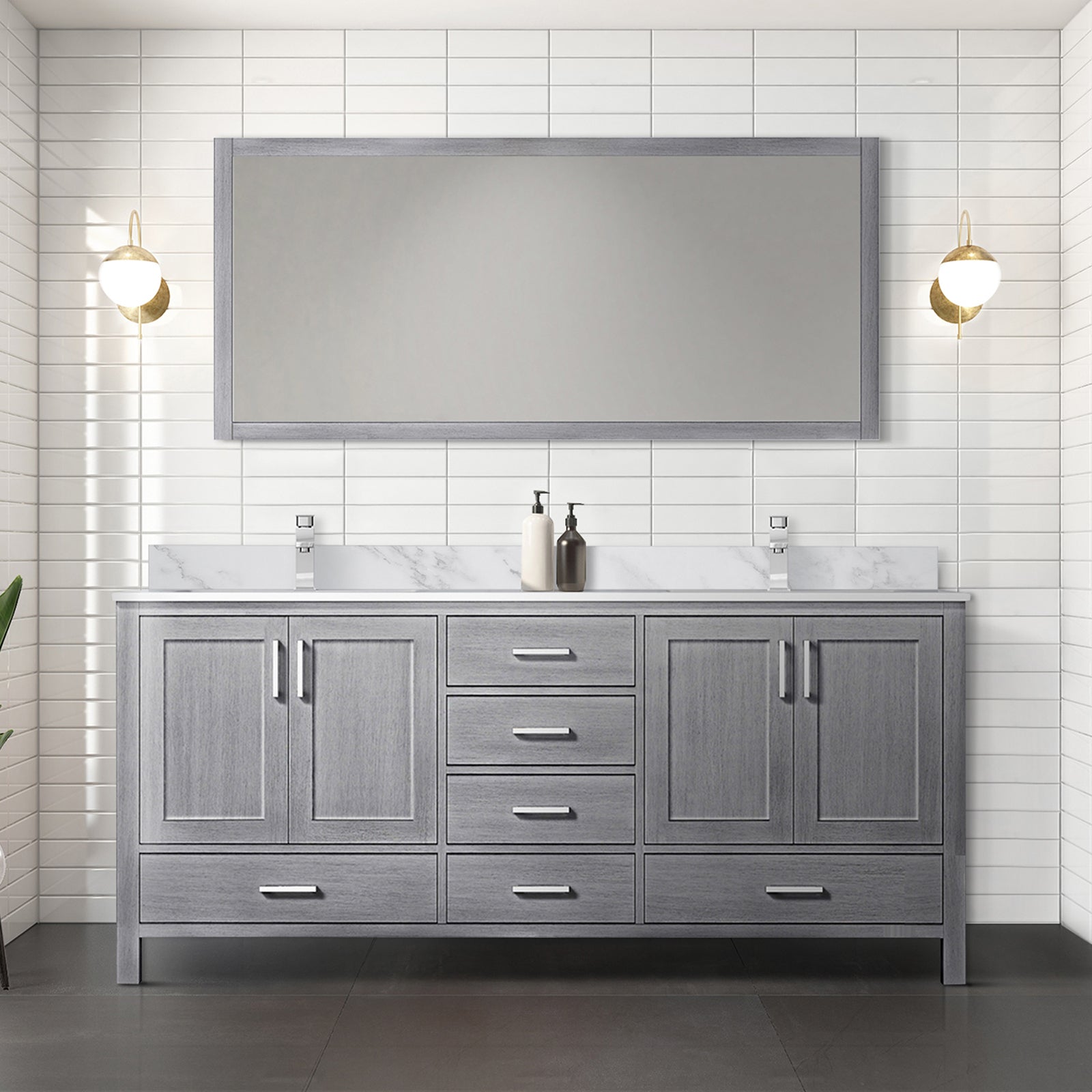 Distressed Grey Double Bath Vanity 72 in. W x 22 in. D, Carrara Marble Top, and Faucet Set