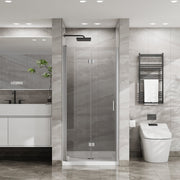 Goodyo 34'x 72' Bifold Frameless Glass Shower Door Combo w/ White Acrylic Shower Base, 1/4 inch Tempered Clear Glass in Chrome Aluminum Finish, Foldable