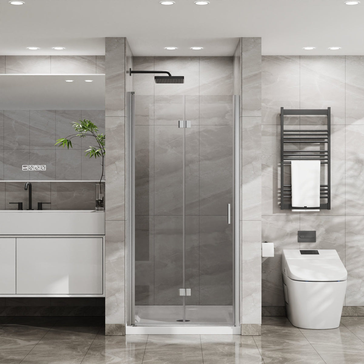 Goodyo 34'x 72' Bifold Frameless Glass Shower Door Combo w/ White Acrylic Shower Base, 1/4 inch Tempered Clear Glass in Chrome Aluminum Finish, Foldable