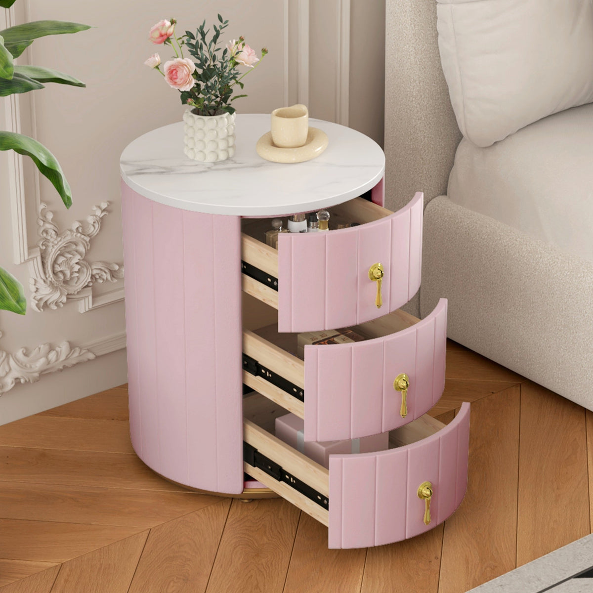 Upholstered Nightstand with 3 Drawers, Round Bedside Table with Metal Handles,Marbling Stickers Top Night Table for Bedroom, Fully Assembled Except Handles, Pink