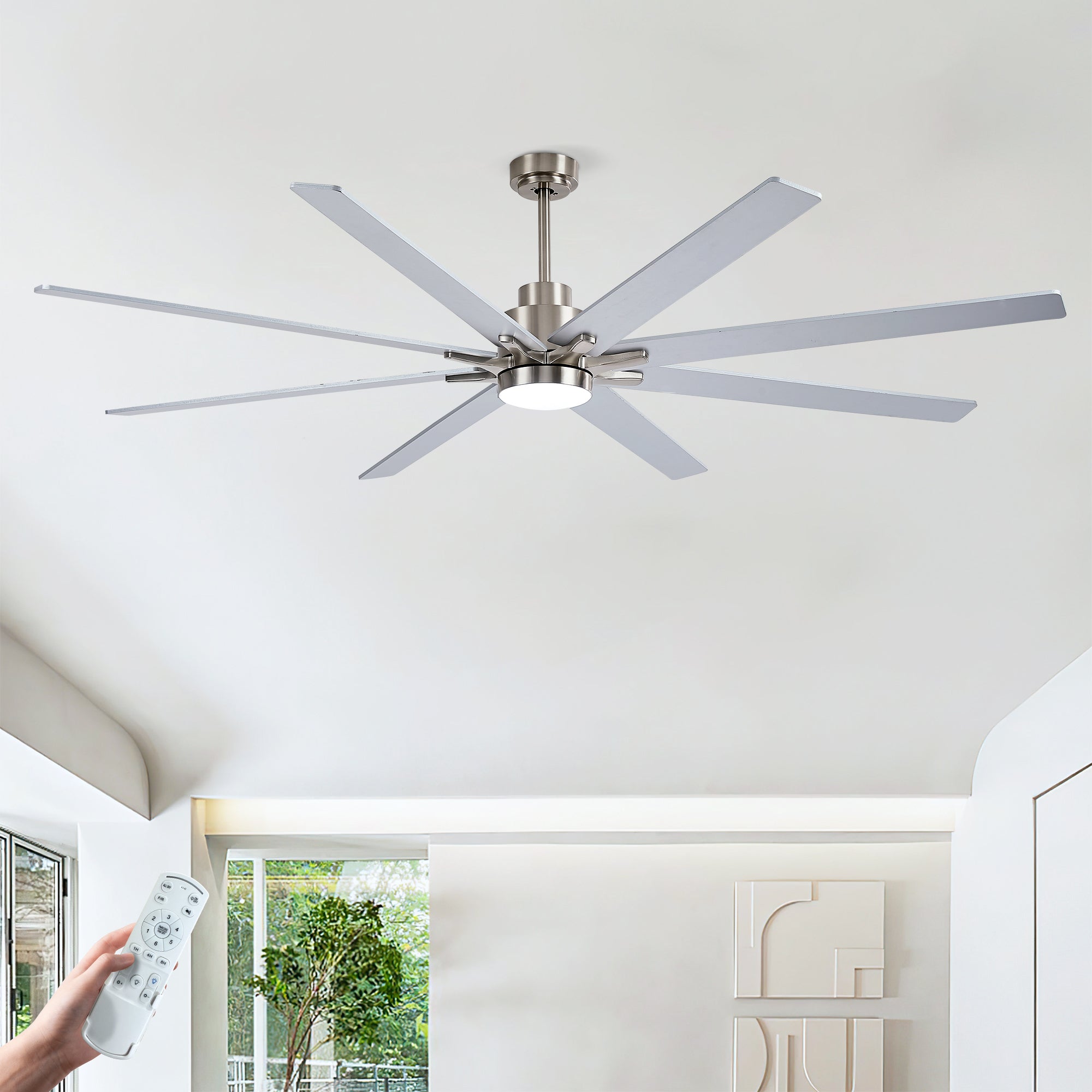 8 PCS Plywood Reversible Blades  Ceiling Fan With Light Kit 3 Color  Dimmable LED, DC 6 Speed ,Remote Control Ceiling Fan 84INCH   (Sliver + Nickel )