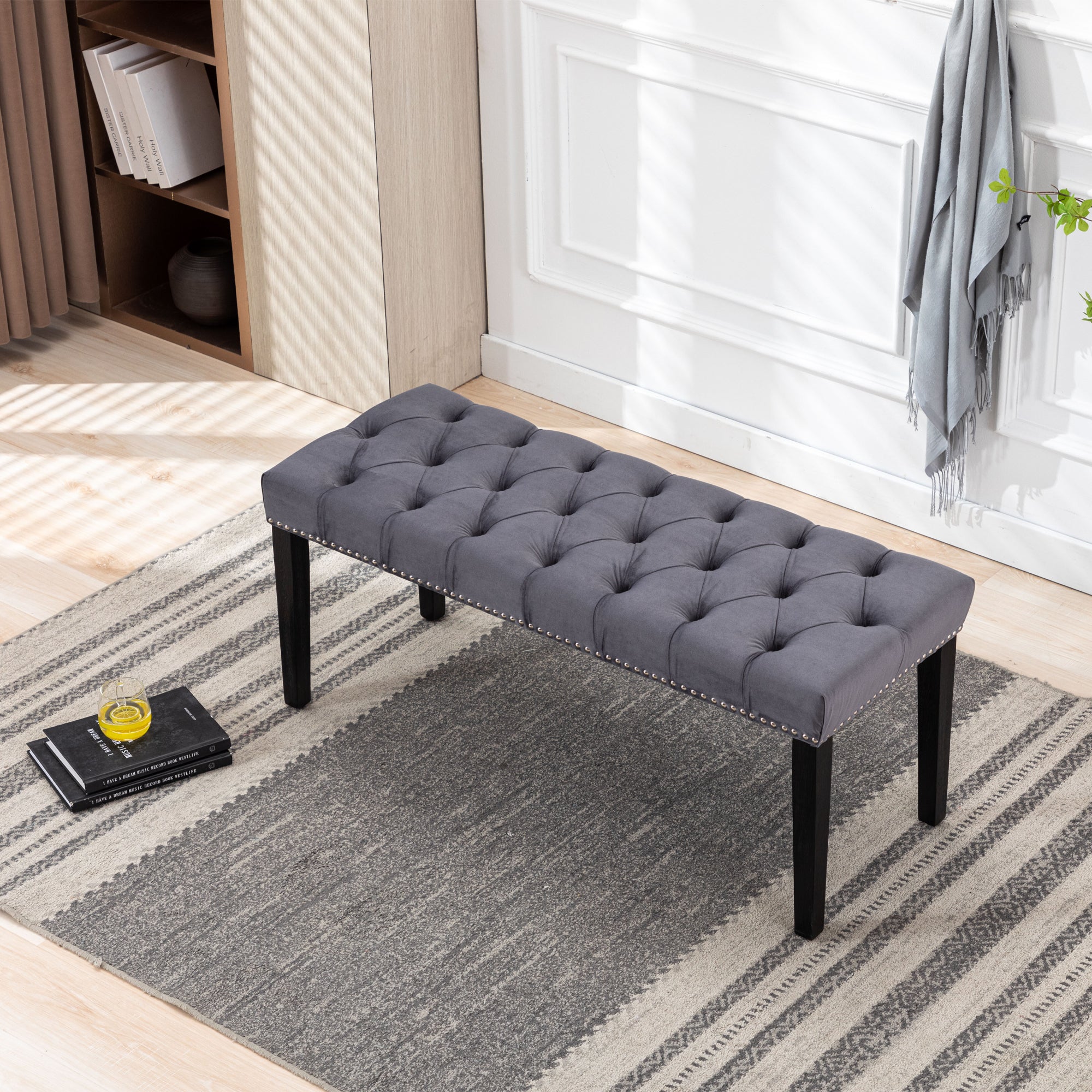 Heng Ming Upholstered Tufted Bench Ottoman , Velvet Dining Bench Bedroom Bench  Footrest Stool Accent Bench for Entryway Dining Room Living Room, Dark gray