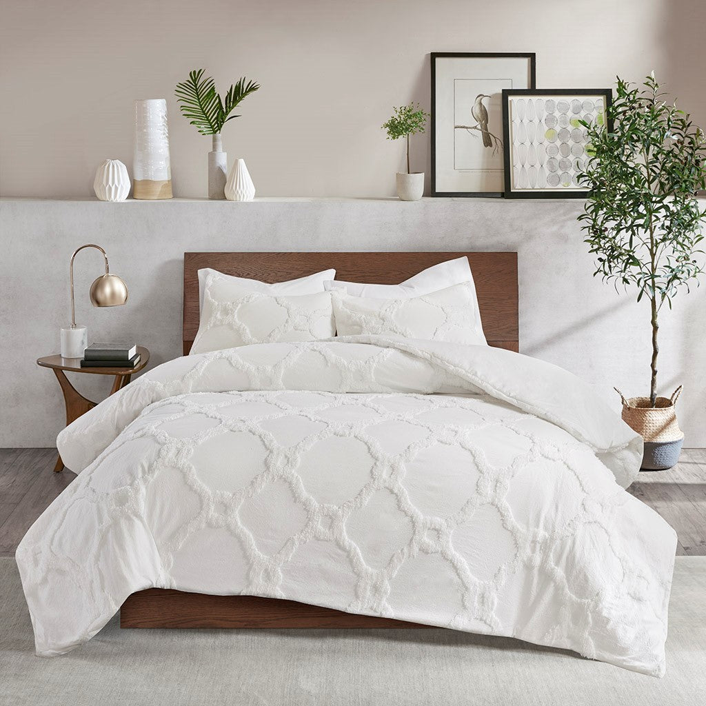 Full/Queen 3 Piece Tufted Cotton Chenille Geometric Duvet Cover Set