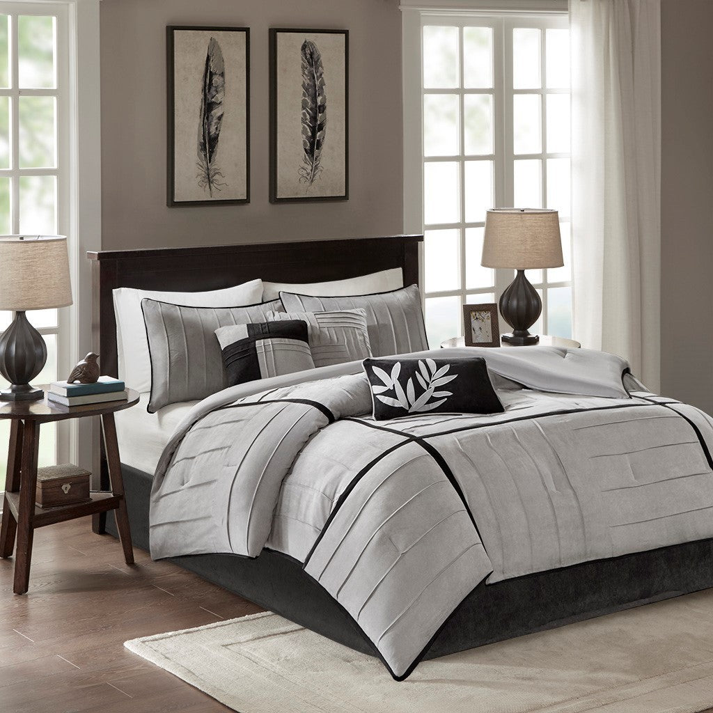 7 Piece Faux Suede Comforter Set Grey Full